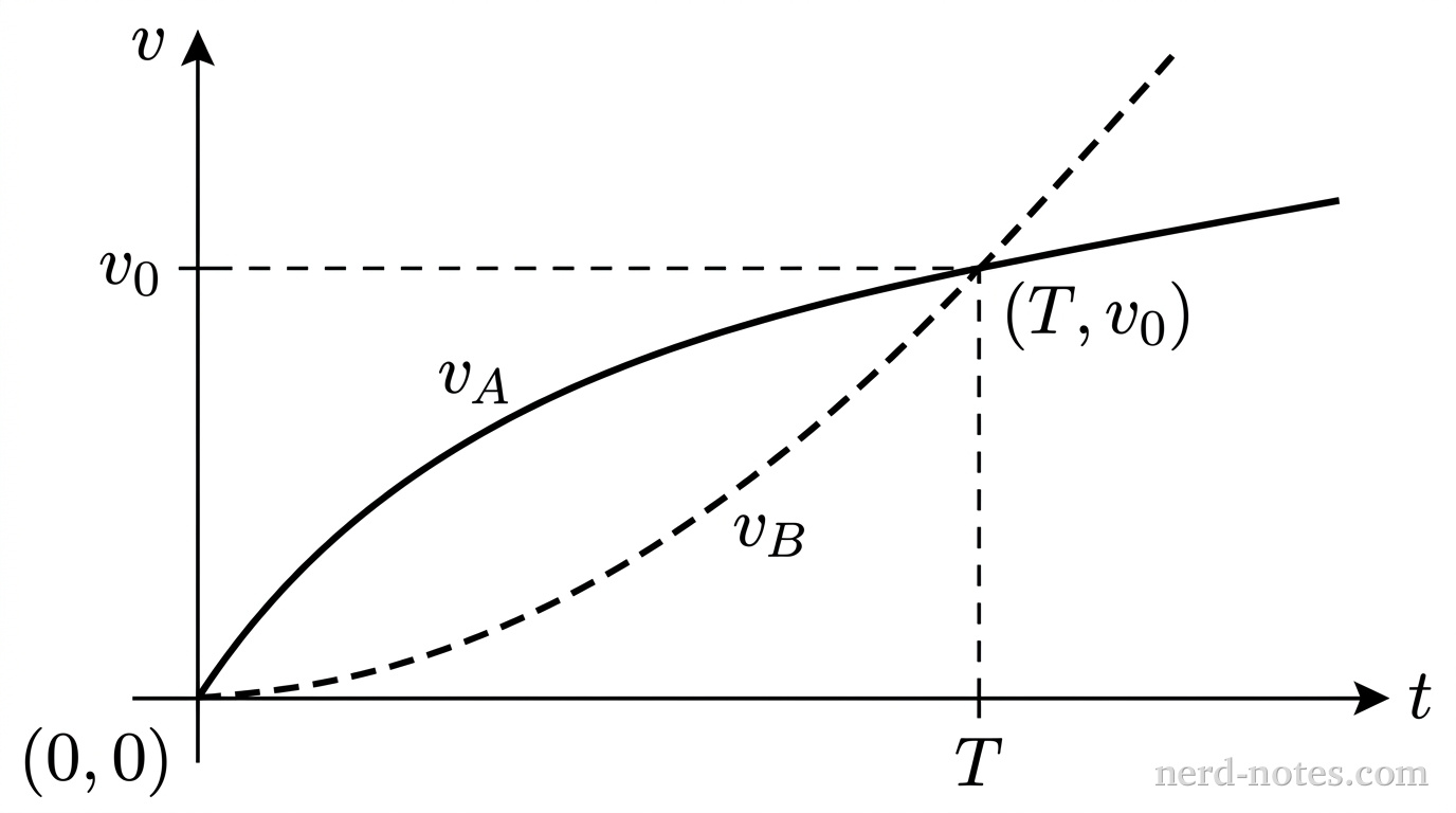A Cartesian graph with a horizontal axis labeled t and a vertical axis labeled v, intersecting at the origin (0, 0). The axes have bare lines without gridlines. A solid curve representing vehicle A starts at the origin (0, 0), curves upward with decreasing slope, and reaches the coordinate point (T, v_0), continuing past it with a smaller positive slope. A dashed curve representing vehicle B starts at the origin (0, 0), curves upward with increasing slope, lies entirely below the solid curve across the interval 0 < t < T, and intersects the solid curve at the single point (T, v_0), continuing upward with a steeper positive slope for t > T. A vertical dashed guideline drops from (T, v_0) to a tick labeled T on the horizontal axis, and a horizontal dashed guideline extends from (T, v_0) to a tick labeled v_0 on the vertical axis. A text label v_A is placed adjacent to the solid curve and a text label v_B is placed adjacent to the dashed curve. No other labels, lines, text, or axes appear.