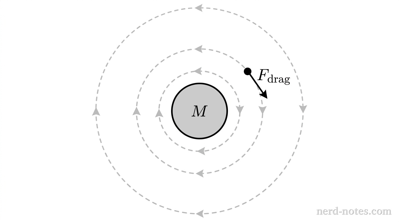 A central shaded circle represents Earth of mass M. A dashed spiral curve with arrowheads oriented counterclockwise begins at an outer radius and winds inward by two complete revolutions toward Earth. A small solid circle representing the satellite is drawn along the spiral path. At the position of the satellite, a single straight arrow pointing in the clockwise direction opposite the satellite motion is labeled F_drag. No other labels, lines, text, or axes appear.