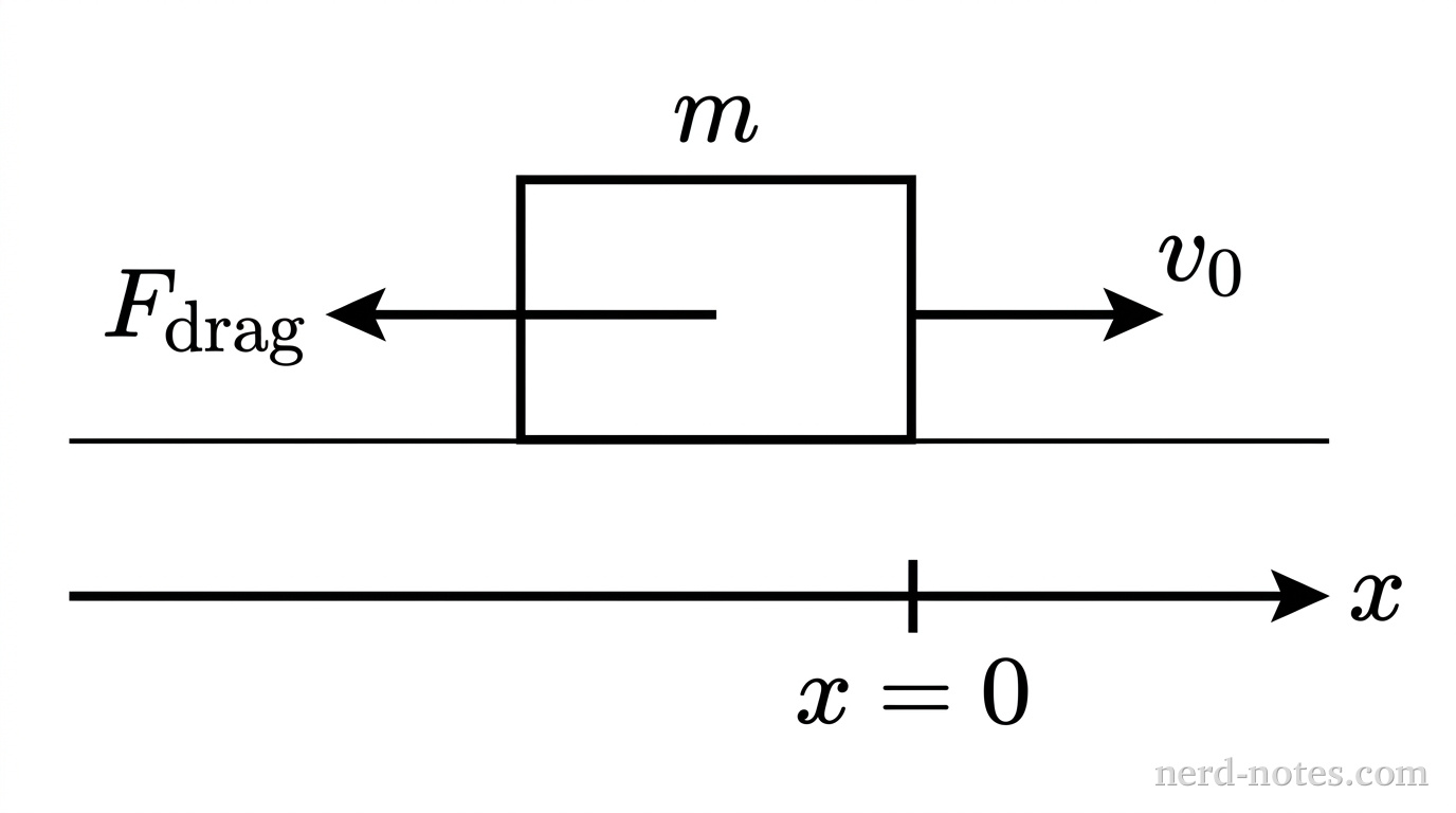 A rectangular block of mass \(m\) rests on a horizontal line representing a flat surface. A horizontal arrow pointing to the right labeled \(v_0\) originates from the right edge of the block. A horizontal arrow pointing to the left labeled \(F_{\text{drag}}\) originates from the center of the block. A horizontal coordinate axis labeled \(x\) runs beneath the surface pointing to the right, with a vertical tick mark labeled \(x = 0\) aligned with the front edge of the block. No other labels, lines, text, or axes appear.