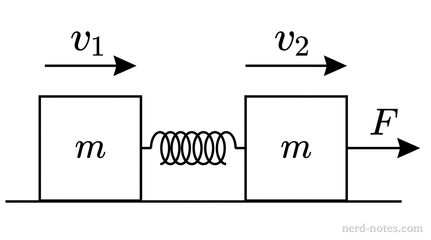 A horizontal straight line at the bottom represents a frictionless surface. Resting on the surface are two identical square blocks, each labeled m, connected by a horizontal coiled line representing a spring. The left block has a horizontal arrow above it pointing to the right labeled v_1. The right block has a horizontal arrow above it pointing to the right labeled v_2, where the arrow for v_2 is longer than the arrow for v_1. A horizontal arrow originates from the right vertical edge of the right block, points to the right, and is labeled F. No other labels, lines, text, or axes appear.