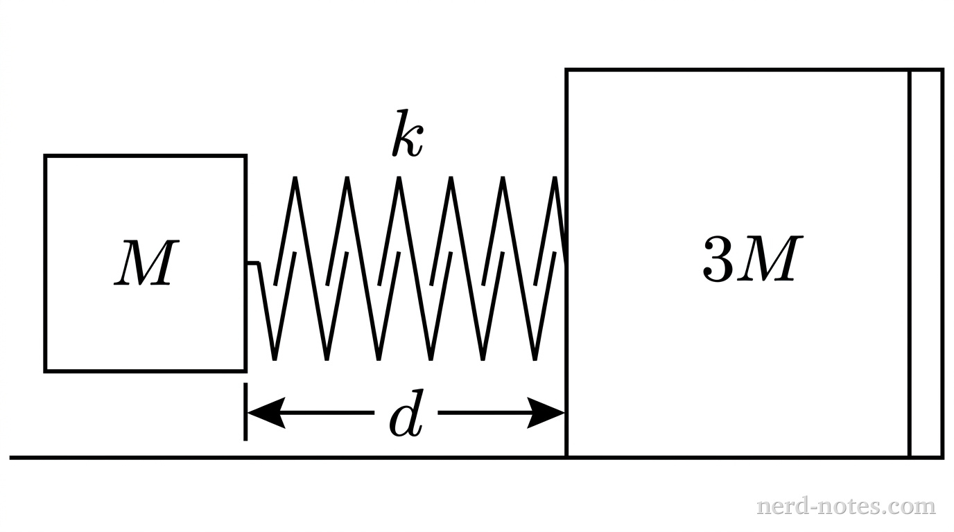 A side-view schematic of a horizontal mechanical system. A single horizontal solid baseline spans the bottom to represent a frictionless floor. Two rectangular blocks rest on this baseline. On the left is a smaller rectangle with label \(M\) centered inside it. On the right is a larger rectangle with label \(3M\) centered inside it. Positioned horizontally between the inner vertical faces of the two blocks is an ideal helical spring shown in compression, consisting of exactly six zigzag coils and labeled \(k\) above its center. A horizontal dimension line with arrows at both ends spans the compressed spring directly beneath it, labeled \(d\). No other labels, lines, text, or axes appear.
