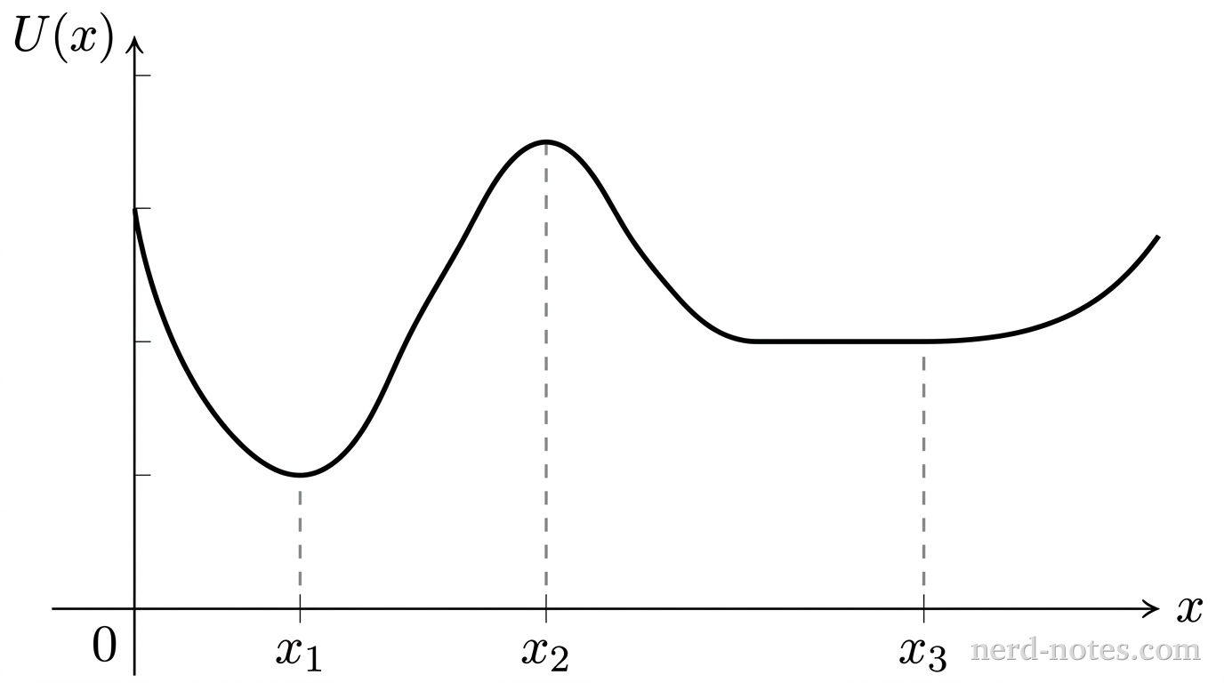 A Cartesian coordinate system with a horizontal axis labeled x and a vertical axis labeled U(x). A single solid curve represents the potential energy function. Starting from the left, the curve dips to a local minimum at a point directly above the horizontal coordinate marked x_1, then rises to a local maximum at a point directly above the horizontal coordinate marked x_2, descends into a flat horizontal plateau with zero slope extending through the horizontal coordinate marked x_3, and finally curves gently upward at the far right. Three vertical dashed lines drop from each of the three marked features on the curve to the horizontal axis at tick marks labeled x_1, x_2, and x_3, respectively. No other labels, lines, text, or axes appear.