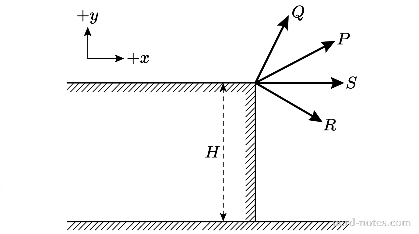 A high vertical cliff face with flat horizontal ground at its base and a flat horizontal surface at its top. At the top edge of the cliff, a single launch point shows four distinct velocity vector arrows originating from the same point, each labeled with a projectile letter. Arrow P points upward and rightward at a moderate angle above the horizontal. Arrow Q points steeply upward and slightly rightward. Arrow R points downward and rightward at an angle below the horizontal. Arrow S points horizontally to the right. A vertical dashed dimension line spans the vertical height of the cliff and is labeled H. A coordinate axis indicator in the upper-left corner shows a horizontal arrow labeled +x pointing right and a vertical arrow labeled +y pointing up. No other labels, lines, text, or axes appear.