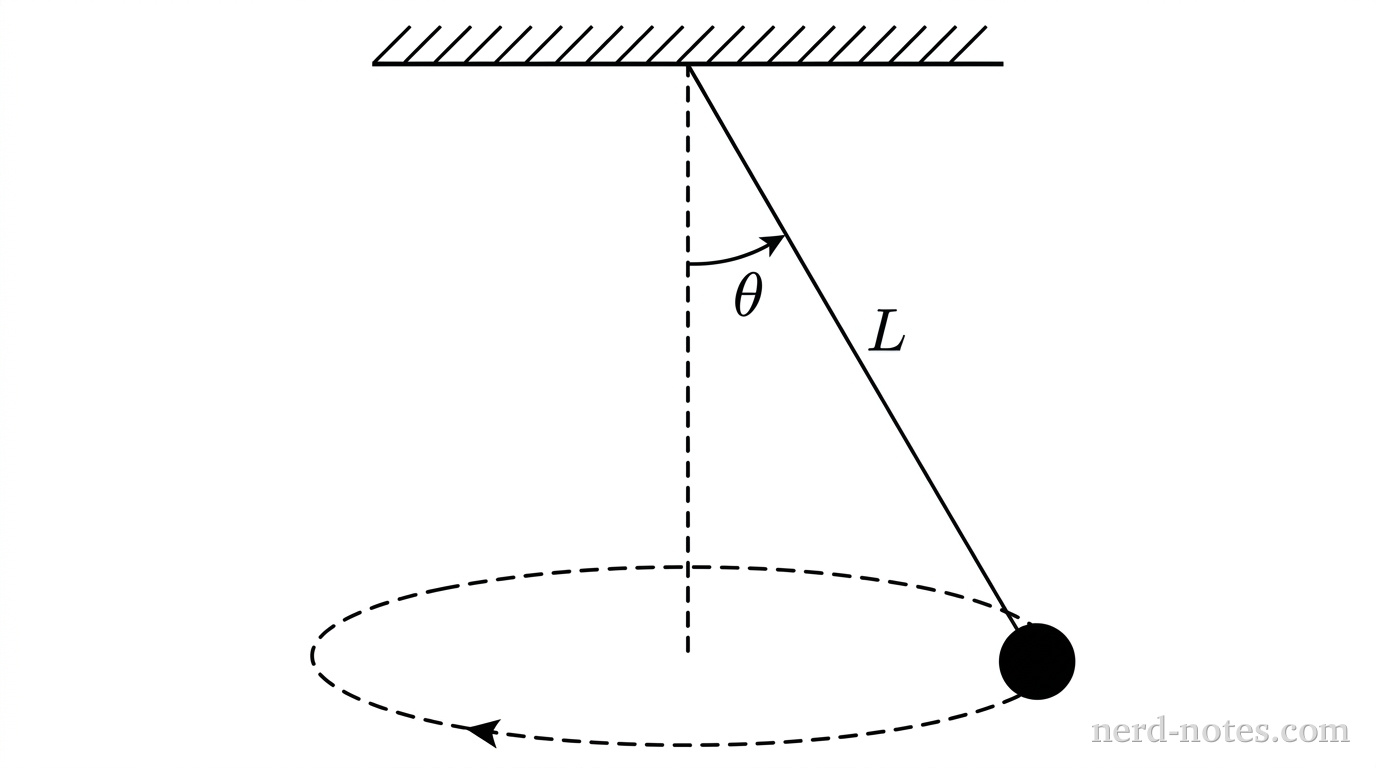 A grayscale line diagram showing a conical pendulum setup. At the top, a horizontal ceiling segment has short diagonal hatching above it. From a fixed pivot point on the ceiling, a vertical dashed line extends straight downward to the center of a horizontal dashed ellipse representing the circular path. A solid line of length \(L\) extends from the pivot downward and to the right at an angle \(\theta\) relative to the vertical dashed line, terminating at a solid shaded circle representing the bob. A curved arc with an arrow between the vertical dashed line and the solid line is labeled \(\theta\). The solid line has a label \(L\) placed along its middle segment. A small directional arrow on the front rim of the dashed ellipse indicates horizontal circular motion. No other labels, lines, text, or axes appear.