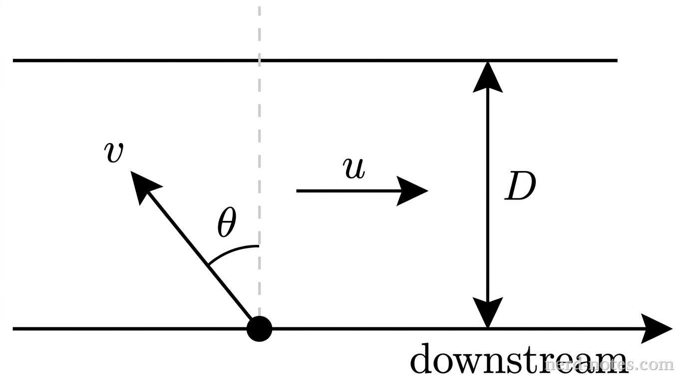 A schematic showing a river crossing viewed from above. Two horizontal parallel solid lines represent the river banks separated by a vertical distance labeled D, with a double-headed vertical dimension arrow between them. A horizontal arrow pointing to the right is positioned between the banks and labeled u, indicating the river flow. At the bottom bank, a dot marks the starting position of a boat. A vertical dashed line extends upward from the dot across the river, perpendicular to the banks. An arrow labeled v originates at the dot, directed into the upper-left quadrant at an angle \theta to the left of the vertical dashed line. An arc between the vertical dashed line and the arrow labeled v denotes the angle \theta. An axis arrow along the bottom bank points to the right, labeled with a downstream direction. No other labels, lines, text, or axes appear.