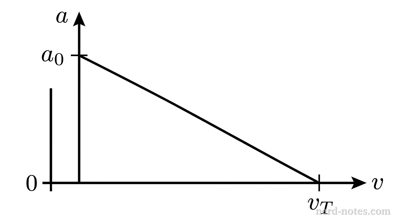 A two-dimensional Cartesian coordinate system shown in grayscale. The horizontal axis is oriented to the right and labeled \(v\). The vertical axis is oriented upward and labeled \(a\). The axes meet at an origin labeled \(0\). Along the vertical axis, a single tick mark above the origin is labeled \(a_0\). Along the horizontal axis, a single tick mark to the right of the origin is labeled \(v_T\). A single straight solid line segment begins exactly at the point \((0, a_0)\) on the vertical axis and slopes downward to the right with a constant negative slope, terminating exactly at the point \((v_T, 0)\) on the horizontal axis. The background is plain white with no gridlines. No other labels, lines, text, or axes appear.