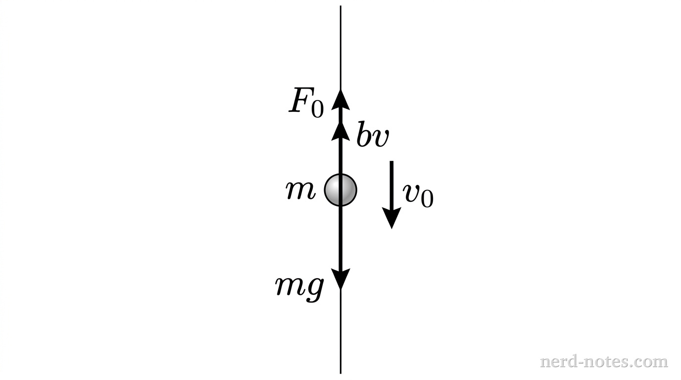 A single thin vertical line represents a guide wire. Centered along the wire is a small shaded circular bead labeled \(m\). Three vertical vector arrows originate from the center of the bead: one solid arrow pointing straight downward labeled \(mg\), one solid arrow pointing straight upward labeled \(F_0\), and a second solid arrow pointing straight upward labeled \(bv\). To the right of the bead, a downward-pointing arrow is labeled \(v_0\). No other labels, lines, text, or axes appear.