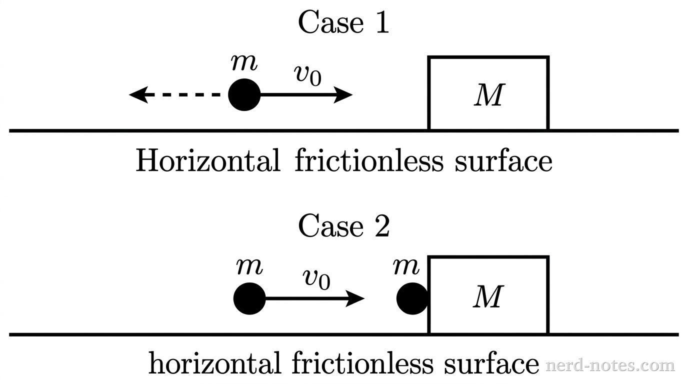 A grayscale diagram showing two collision scenarios labeled Case 1 and Case 2, stacked vertically on a horizontal frictionless surface represented by a solid horizontal line for each case. In Case 1, a small solid disk of mass labeled m moves to the right with an arrow labeled v_0 toward a stationary rectangular block labeled M; a dashed horizontal arrow pointing left indicates rebound away from the block. In Case 2, an identical disk of mass labeled m moves to the right with an arrow labeled v_0 toward an identical stationary rectangular block labeled M, coming to rest attached to the front face of the block. No other labels, lines, text, or axes appear.