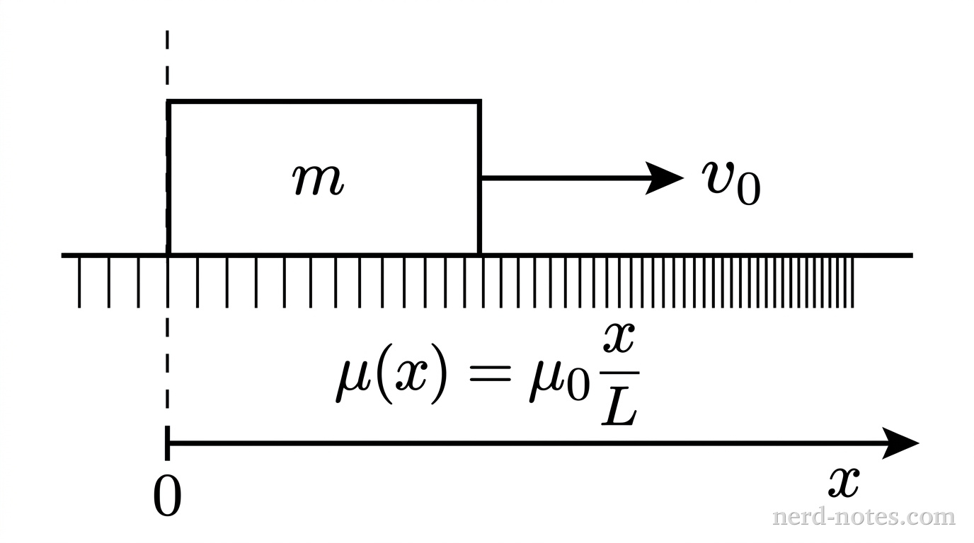 A horizontal surface is represented by a solid horizontal line. A rectangular block of mass \(m\) rests on the horizontal surface with its left edge aligned with a vertical dashed line labeled \(x = 0\). An arrow labeled \(v_0\) points horizontally to the right from the right edge of the block. Below the surface line, a horizontal coordinate axis labeled \(x\) extends to the right, with a tick mark at the vertical dashed line labeled \(0\). Shading under the horizontal surface consists of vertical hatch marks that become progressively denser from left to right as \(x\) increases. A text label \(\mu(x) = \mu_0\dfrac{x}{L}\) is positioned below the hatch marks. No other labels, lines, text, or axes appear.