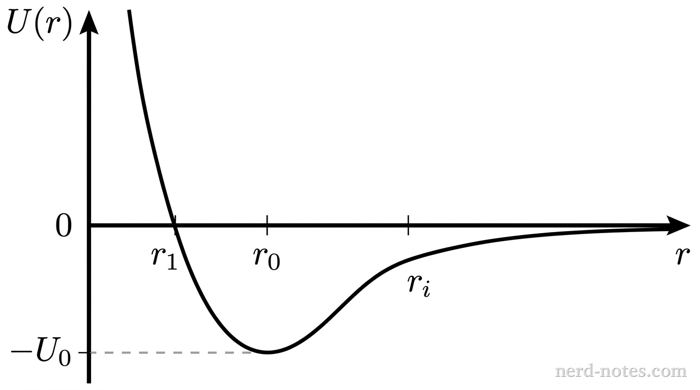 A Cartesian coordinate graph with horizontal axis labeled r and vertical axis labeled U(r). The horizontal axis has tick marks labeled r_1, r_0, and r_i in order of increasing distance from the vertical axis. The vertical axis has a tick mark labeled -U_0 below the origin and 0 at the origin. A single smooth, continuous solid curve represents U(r). Starting at small r with very large positive values near the vertical axis, the curve drops steeply downward to the right, crosses the horizontal axis at r = r_1, and reaches its lowest point at coordinates (r_0, -U_0). To the right of r_0, the curve rises upward, passes through an inflection point at r = r_i where it changes from concave up to concave down, and approaches the horizontal axis asymptotically from below as r increases toward infinity. A horizontal dashed reference line extends from the minimum to the vertical axis at -U_0. No other labels, lines, text, or axes appear.