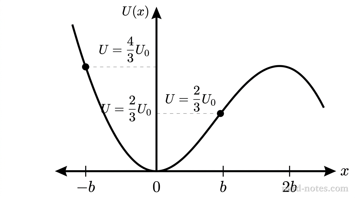 A Cartesian coordinate graph with horizontal axis labeled x and vertical axis labeled U(x). The horizontal axis has tick marks labeled -b, 0, b, and 2b. A single solid curve represents the potential energy function. The curve decreases from the second quadrant to a minimum at the origin (0, 0), rises through the first quadrant passing through x = b, reaches a local maximum at x = 2b, and then turns downward. Two release states are marked on the curve with solid circular dots: one dot is located at x = -b at a vertical height corresponding to U = \dfrac{4}{3}U_0, and a second dot is located at x = +b at a lower vertical height corresponding to U = \dfrac{2}{3}U_0. Bare axes with no gridlines. No other labels, lines, text, or axes appear.