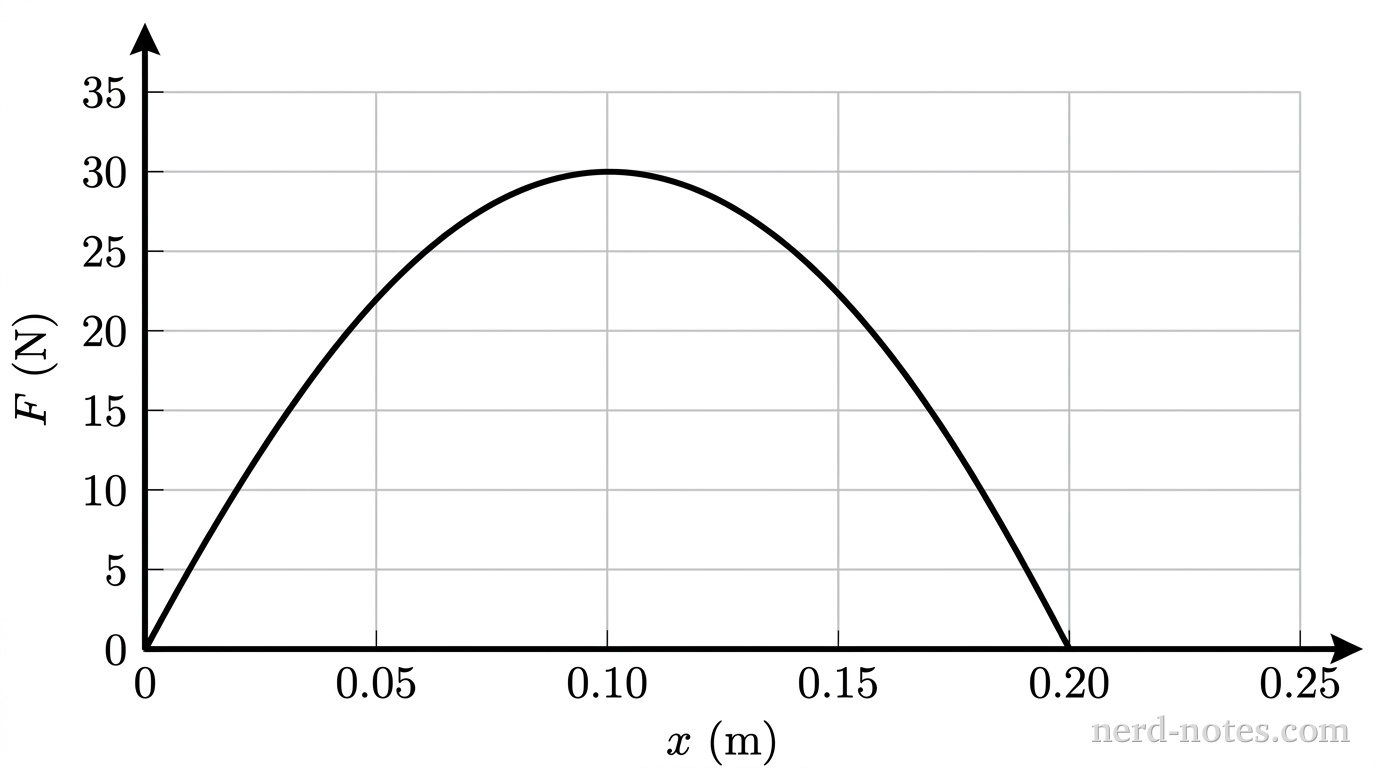 A 2D Cartesian graph with a horizontal axis labeled x (m) and a vertical axis labeled F (N). The horizontal axis extends from 0 to 0.25 m with major tick marks and light gray gridlines at intervals of 0.05 m labeled 0, 0.05, 0.10, 0.15, 0.20, and 0.25. The vertical axis extends from 0 to 35 N with major tick marks and light gray gridlines at intervals of 5 N labeled 0, 5, 10, 15, 20, 25, 30, and 35. A single solid curve begins at (0, 0), arches upward as a concave-down parabola to a maximum at (0.10, 30), and descends symmetrically to intersect the horizontal axis at (0.20, 0). No other labels, lines, text, or axes appear.