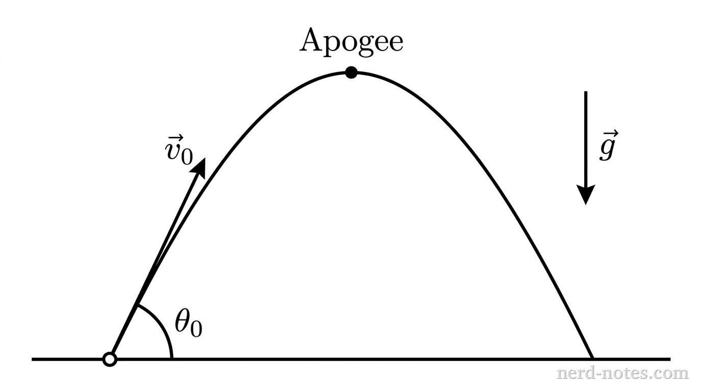 A horizontal solid line represents level ground with an origin labeled with a small open circle. From the origin, a solid curved parabolic trajectory opens downward, rising to a peak and descending symmetrically back to the ground. A single straight arrow points tangentially along the curve at the origin toward the upper-right at an angle labeled \(\theta_0\), with a label \(\vec{v}_0\) near the arrowhead. At the highest point of the parabolic curve, a single solid dot marks the apogee. Directly above this dot, the word Apogee is displayed in plain text. A vertical downward arrow labeled \(\vec{g}\) is placed to the right of the trajectory in open space. No other labels, lines, text, or axes appear.