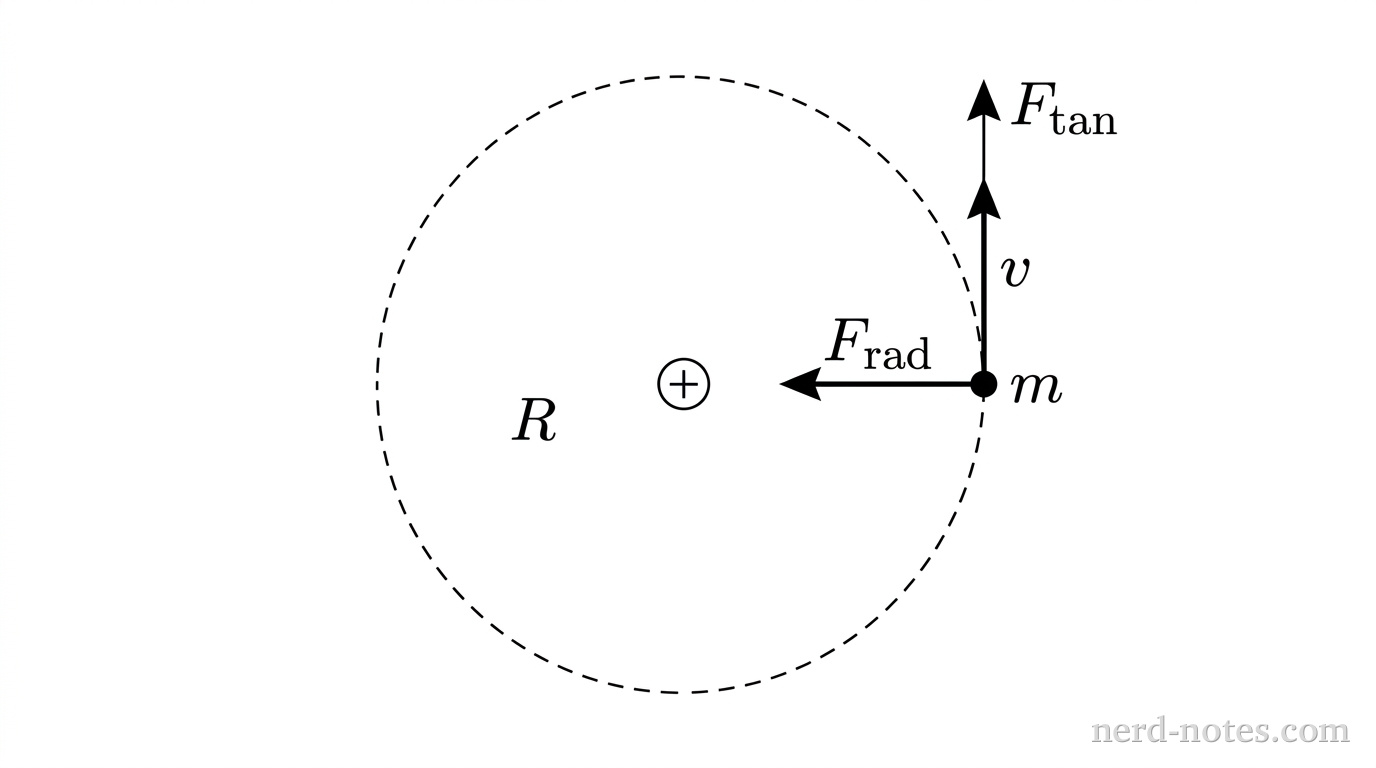 An overhead schematic view of a horizontal circular path of radius R shown as a thin dashed circle. At the rightmost point of the circular path, a small filled solid circular dot represents the particle of mass m. Directed vertically upward from the dot is a solid straight arrow labeled v with an arrowhead at its top end, tangent to the circular path. Directed horizontally to the left from the dot toward the center of the circular path is a solid straight arrow labeled F_{\text{rad}} with an arrowhead at the left end. Directed vertically upward from the dot, collinear with and parallel to the velocity arrow, is a second solid straight arrow labeled F_{\text{tan}} with an arrowhead at its top end. A plus sign inside a small circle marks the geometric center of the circular path. No other labels, lines, text, or axes appear.