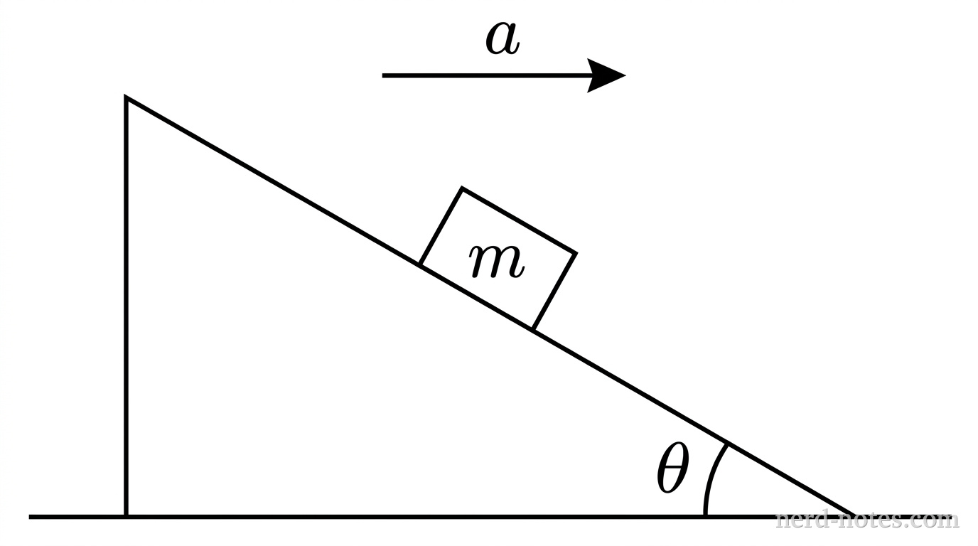 A 2D line drawing showing a right-triangular wedge resting on a horizontal ground line. The wedge has a vertical face on the left, a flat horizontal base on the ground, and a straight inclined surface that slopes downward from the top-left to the bottom-right. The angle between the inclined surface and the horizontal base at the lower-right vertex is indicated by a small curved arc labeled \(\theta\). A small rectangular block labeled \(m\) rests on the middle of the inclined surface, aligned with the slope. A single horizontal arrow positioned above the wedge points directly to the right and is labeled \(a\). No other labels, lines, text, or axes appear.