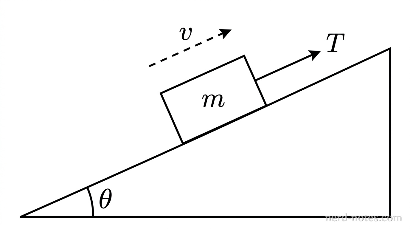 A side-view diagram of a right-triangular wedge representing an incline. The horizontal base extends to the right, and the incline surface rises to the right at an acute angle labeled \(\theta\) relative to the base. A rectangular block of mass \(m\) rests on the inclined surface. An arrow labeled \(T\) originates from the center of the right face of the block and points upward along and parallel to the inclined surface. A separate dashed arrow labeled \(v\) is positioned above the block, pointing upward along and parallel to the incline, indicating the direction of motion. An arc with angle label \(\theta\) is drawn between the horizontal base and the inclined surface at the lower left corner. No other labels, lines, text, or axes appear.
