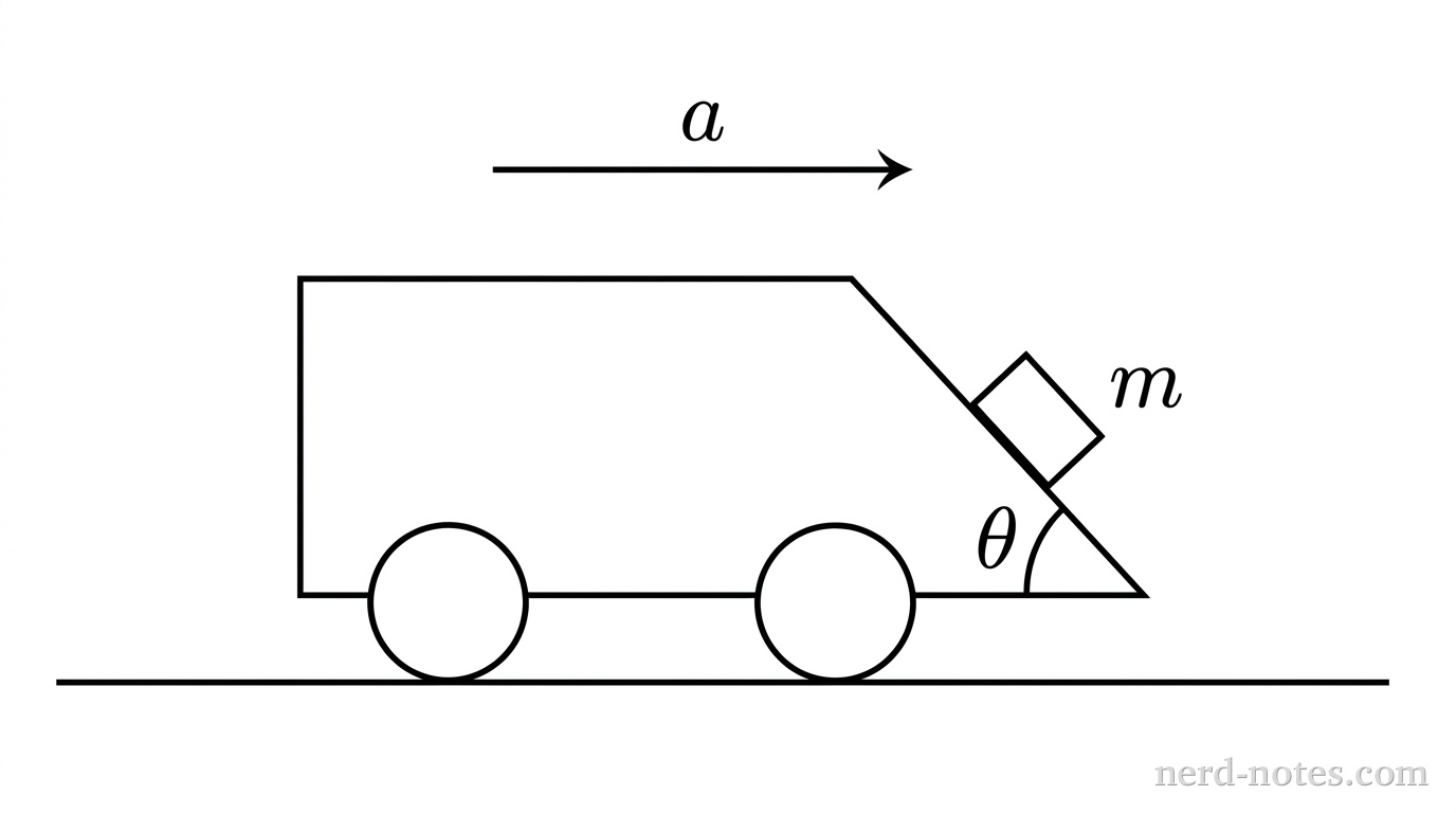 A two-dimensional side-view schematic showing a cart on a horizontal track. A horizontal line at the bottom represents the track. The cart is represented by a rectangular body with two circular wheels resting on the horizontal track. The rightmost face of the cart consists of a planar surface tilted upward and to the left at an angle \(\theta\) relative to the horizontal track, with the angle labeled \(\theta\) between the horizontal track and the inclined surface. A small solid rectangular block of mass \(m\) is in contact with the outer surface of this inclined face. A single horizontal arrow labeled \(a\) is positioned above the cart, pointing toward the right. No other labels, lines, text, or axes appear.