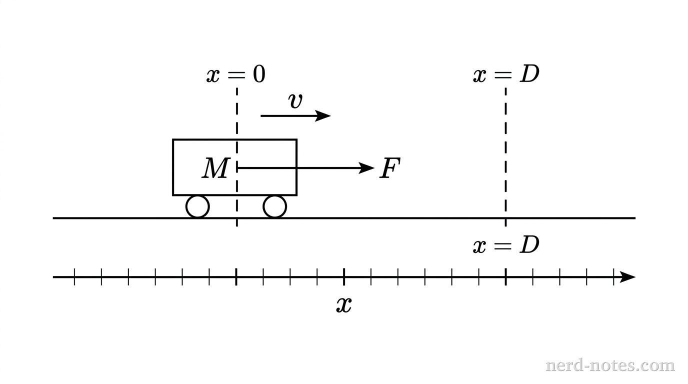 A schematic showing a horizontal line representing a frictionless track. On the line sits a rectangular cart labeled M with two small circular wheels. A vertical dashed line passes through the front of the cart at its initial position and is labeled x = 0. A second vertical dashed line to the right is labeled x = D. A single horizontal arrow points to the right from the center of the cart and is labeled F. A horizontal arrow above the cart points to the right and is labeled v. A horizontal coordinate axis below the track is labeled x. No other labels, lines, text, or axes appear.