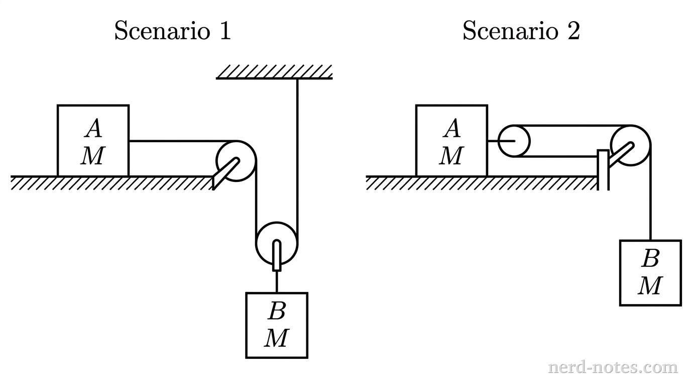 Two schematic diagrams side by side labeled Scenario 1 on the left and Scenario 2 on the right. In Scenario 1, a horizontal surface supports a square labeled A of mass M. A horizontal line extends rightward from block A to the top of a circular fixed pulley at the edge of the surface. A line goes vertically down from the fixed pulley, wraps around the bottom of a circular movable pulley supporting a suspended square labeled B of mass M, and extends vertically upward to a horizontal hatched ceiling. In Scenario 2, the horizontal surface supports a square labeled A of mass M with a small circular movable pulley attached to its right side. Two parallel horizontal lines extend rightward from block A: the lower line attaches to a vertical post at the table edge, and the upper line wraps around the pulley on block A and passes over the fixed pulley at the edge, extending vertically downward to a suspended square labeled B of mass M. No other labels, lines, text, or axes appear.