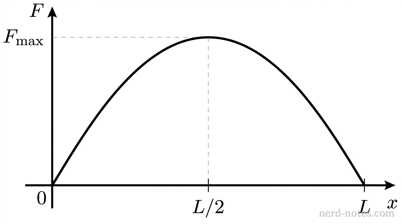 A Cartesian coordinate graph with a horizontal axis labeled x and a vertical axis labeled F. The axes intersect at the origin (0,0). A single solid curve begins at the origin (0,0), forms a smooth concave-down sinusoidal arch that reaches a maximum at a horizontal position marked L/2, and returns to the horizontal axis at a horizontal position marked L. A vertical dashed line extends downward from the curve peak to the tick label L/2 on the horizontal axis. A horizontal dashed line extends leftward from the curve peak to a tick mark labeled F_{\max} on the vertical axis. No other curves, labels, gridlines, or shading appear.