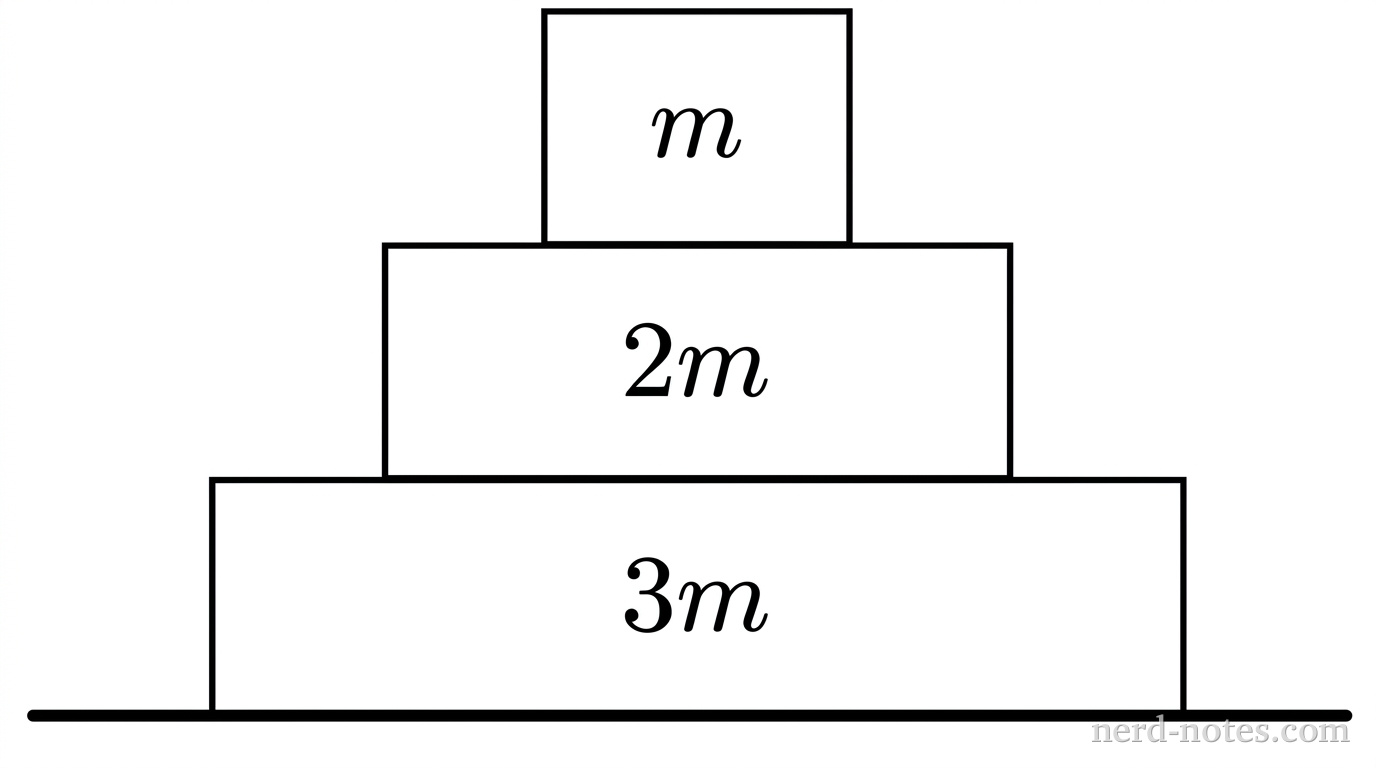 A side-view diagram shows three rectangular blocks stacked on a horizontal ground line. The bottom block is the widest and has mass label \(3m\) centered inside it. Directly atop it rests a second rectangular block of medium width with mass label \(2m\) centered inside it. Directly atop that rests a third rectangular block of narrow width with mass label \(m\) centered inside it. The horizontal ground beneath the bottom block is drawn as a smooth solid horizontal line. No force arrows are drawn. No other labels, lines, text, or axes appear.