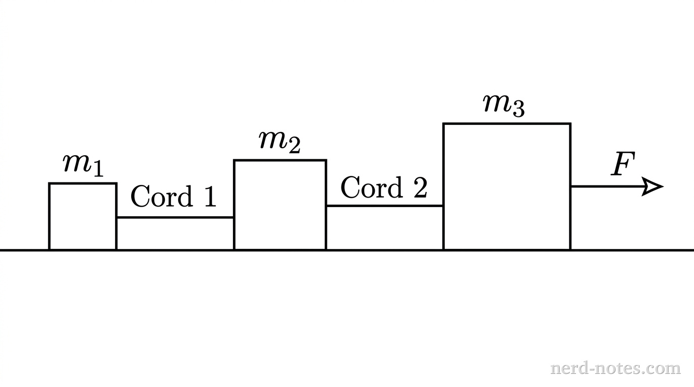 A horizontal line represents a tabletop. Resting on this line from left to right are three rectangular blocks labeled m_1, m_2, and m_3, with dimensions indicating m_1 is smallest, m_2 is intermediate, and m_3 is largest. A horizontal line segment labeled Cord 1 connects the right edge of m_1 to the left edge of m_2. A second horizontal line segment labeled Cord 2 connects the right edge of m_2 to the left edge of m_3. A single horizontal arrow points to the right from the right edge of m_3 and is labeled F. No other labels, lines, text, or axes appear.