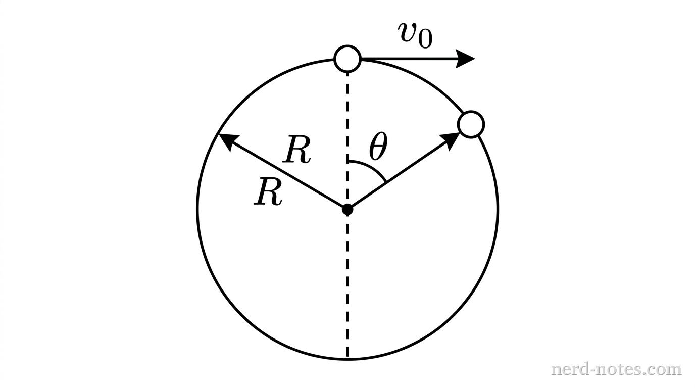 A vertical circle with a small filled circular bead resting on its top rim. A horizontal arrow pointing to the right from the bead is labeled \(v_0\). A dashed vertical centerline passes from the center dot of the circle to the top rim. An arrow pointing from the center of the circle to the perimeter is labeled \(R\). Along the upper-right curved perimeter, a second small bead is shown at a position displaced clockwise from the top rim. A solid straight line segment connects the center of the circle to this second bead. An arc between the vertical dashed centerline and this solid line segment is labeled \(\theta\). No other labels, lines, text, or axes appear.