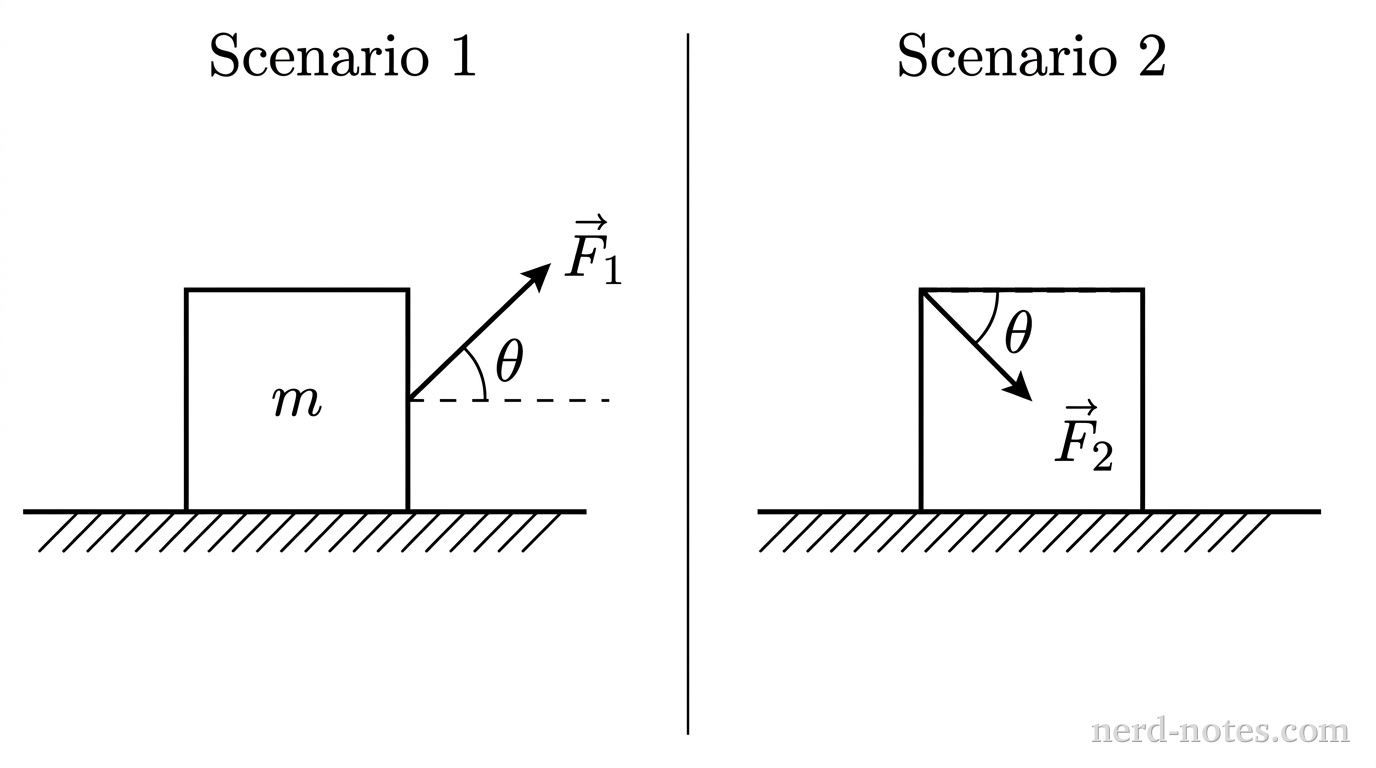 A two-panel grayscale diagram showing two mechanical scenarios side by side, separated by a thin vertical line. The left panel is labeled Scenario 1 and the right panel is labeled Scenario 2. In each panel, a horizontal floor is represented by a solid line with hatching underneath. A square box of mass \(m\) rests on the floor. In Scenario 1, an arrow labeled \(F_1\) originates from the center of the right face of the box and points upward and to the right at an angle \(\theta\) above the horizontal, with a dashed horizontal reference line and an arc indicating \(\theta\). In Scenario 2, an arrow labeled \(F_2\) originates from the upper-left corner of the box and points downward and to the right into the box at an angle \(\theta\) below the horizontal, with a dashed horizontal reference line and an arc indicating \(\theta\). No other forces, vectors, labels, or axes appear.