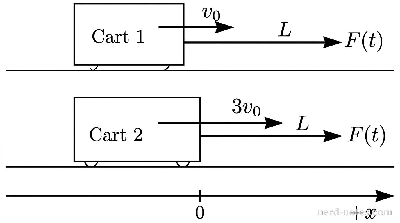 A horizontal track is shown as a solid line. Two identical rectangular carts, labeled Cart 1 and Cart 2, sit on the surface, one vertically above the other in separate horizontal lanes. For Cart 1, a horizontal arrow labeled v_0 points to the right from the center of the cart, and a horizontal arrow labeled F(t) points to the right from its front edge. For Cart 2, a horizontal arrow labeled 3v_0 points to the right from the center of the cart, and a horizontal arrow labeled F(t) of the same length as on Cart 1 points to the right from its front edge. A horizontal coordinate axis below shows +x pointing to the right. No other labels, lines, text, or axes appear.