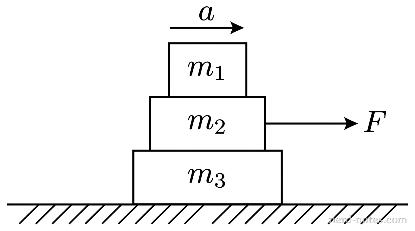 A schematic diagram showing three rectangular blocks stacked vertically on a horizontal line representing a rough floor. The bottom block is labeled \(m_3\) and rests on the floor. Directly on top of block \(m_3\) is a middle block labeled \(m_2\). Directly on top of block \(m_2\) is a top block labeled \(m_1\). All three blocks are identical in width and height. A horizontal arrow pointing to the right starts at the right vertical edge of block \(m_2\) and is labeled \(F\). A separate horizontal arrow pointing to the right is located above the top block and is labeled \(a\). The floor is indicated by a solid horizontal line with short hatching slanting downward to the left below it. No other labels, lines, text, or axes appear.