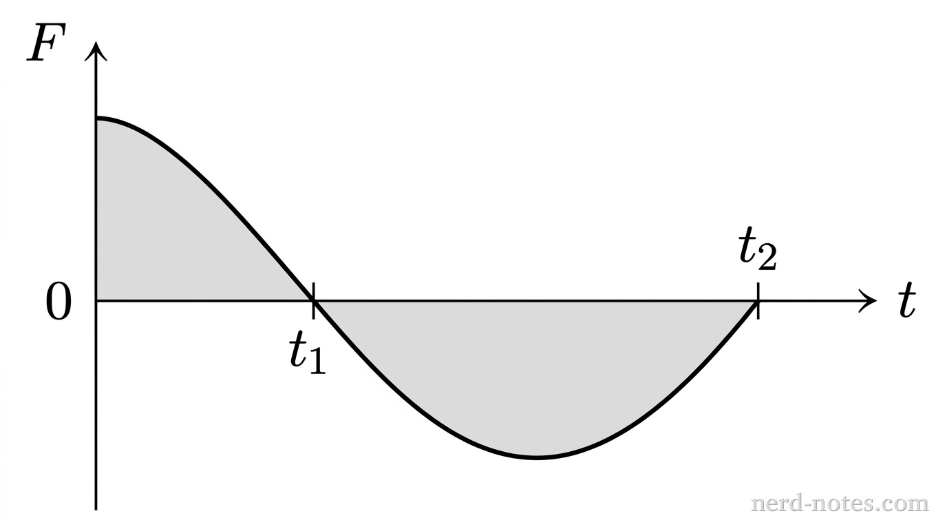 A Cartesian coordinate plane with horizontal axis labeled t and vertical axis labeled F. The axes meet at an origin labeled 0. Along the horizontal axis, two distinct positive time values are marked with tick marks labeled t_1 and t_2, with t_2 > t_1. A smooth solid curve begins on the positive vertical axis at t = 0, slopes downward to intersect the horizontal axis at t_1, reaches a smooth local minimum below the horizontal axis between t_1 and t_2, and continues below the horizontal axis past t_2. The region bounded between the curve and the horizontal axis from t = 0 to t_1 has a light gray fill. The region bounded between the curve and the horizontal axis from t_1 to t_2 has an identical light gray fill. No other labels, lines, text, or axes appear.