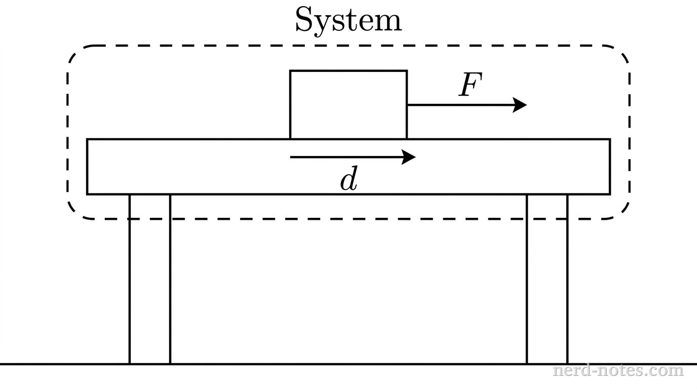 A side-view diagram showing a horizontal table consisting of a wide horizontal rectangular slab supported by two vertical rectangular legs resting on a flat floor. A smaller rectangular block sits on the upper surface of the table. A single horizontal arrow labeled \(F\) originates at the center of the right edge of the block and points directly to the right. Directly below the block, a horizontal line segment with an arrowhead pointing to the right is labeled \(d\). A rounded rectangular dashed outline fully encloses both the block and the tabletop, leaving the legs outside the boundary. The word 'System' appears as a label centered just above the top edge of the dashed outline. No other labels, lines, text, or axes appear.