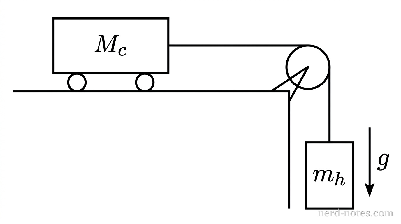 A horizontal surface is depicted as a horizontal line. Resting on this surface is a rectangular cart labeled \(M_c\), with two small circular wheels touching the horizontal line. A thin horizontal line representing an ideal string extends from the right vertical face of the cart toward the top edge of a circular pulley mounted at the right edge of the horizontal surface. The string passes over the pulley and hangs vertically downward. Attached to the lower end of the vertical portion of the string is a hanging rectangular block labeled \(m_h\). A vertical arrow pointing downward is placed to the right of the hanging block and is labeled \(g\). No other labels, lines, text, or axes appear.