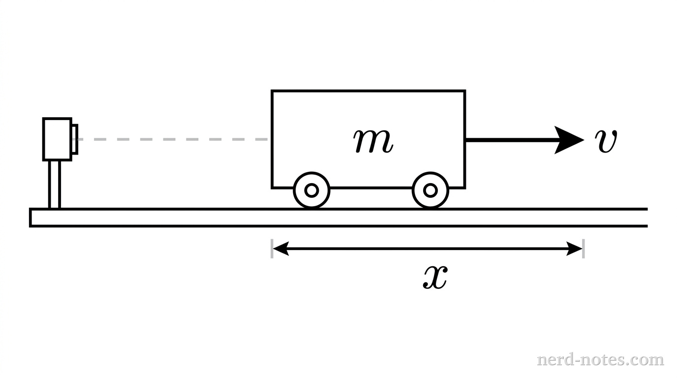 A side-view diagram of an experimental setup on a horizontal track. A horizontal track is represented by a single horizontal line. Resting on the track is a rectangular cart labeled m, with two small circular wheels touching the track. A horizontal arrow pointing to the right is attached to the front of the cart and labeled v. At the far left end of the track, positioned behind the cart, is a small rectangular motion sensor mounted on a vertical post. A horizontal dashed line extends from the sensor toward the rear of the cart, indicating the sensor's line of detection. Below the track, a horizontal double-headed arrow parallel to the track extends from the starting position of the cart to its current position, labeled x. No other labels, lines, text, or axes appear.
