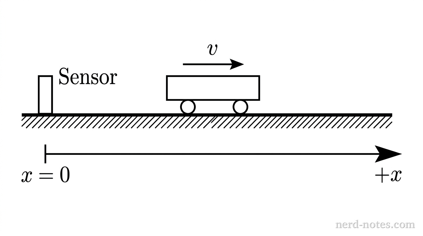 A horizontal track is represented by a thick horizontal line resting on a flat surface. At the far left end of the track, a small upright rectangular block represents a motion sensor, labeled Sensor. Situated to the right of the sensor is a rectangular cart supported by two small circular wheels resting on the track. A horizontal arrow pointing to the right is centered above the cart and is labeled v. Directly below the track, a horizontal coordinate axis extends parallel to the track, beginning with a vertical tick mark aligned with the sensor labeled x = 0 and terminating on the right with an arrowhead labeled +x. No other labels, lines, text, or axes appear.