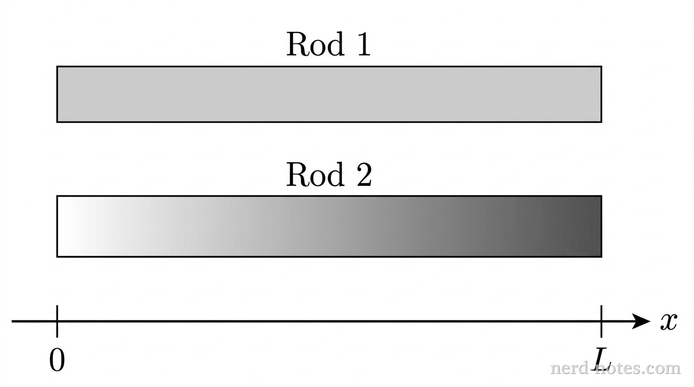 A horizontal coordinate axis labeled x extends to the right, terminated by an arrowhead. Two vertical tick marks are drawn on the axis, labeled 0 and L. Positioned horizontally above the axis are two identical rectangular rods of length L, both spanning from x = 0 to x = L. The top rod, labeled Rod 1, has uniform light-gray filling across its entire length. The bottom rod, labeled Rod 2, features a smooth grayscale fill that gradually darkens from pure white at x = 0 to dark gray at x = L. Both rods are parallel to the x-axis and to each other. No other labels, lines, text, or axes appear.