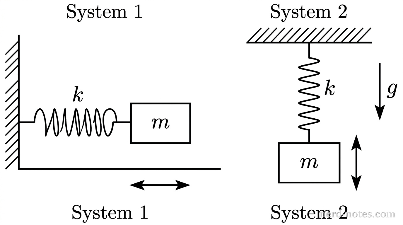 A side-by-side schematic of two oscillating systems. On the left, labeled System 1, a rigid vertical wall is attached to a horizontal coil spring with stiffness labeled k, which connects to a rectangular block labeled m on a smooth horizontal floor. A double-headed horizontal arrow below the block indicates oscillation. On the right, labeled System 2, a rigid horizontal ceiling supports a vertical coil spring with stiffness labeled k, which hangs downward and connects to an identical rectangular block labeled m. A downward vertical arrow labeled g sits to the right of System 2, and a vertical double-headed arrow indicates oscillation. No other labels, lines, text, or axes appear.
