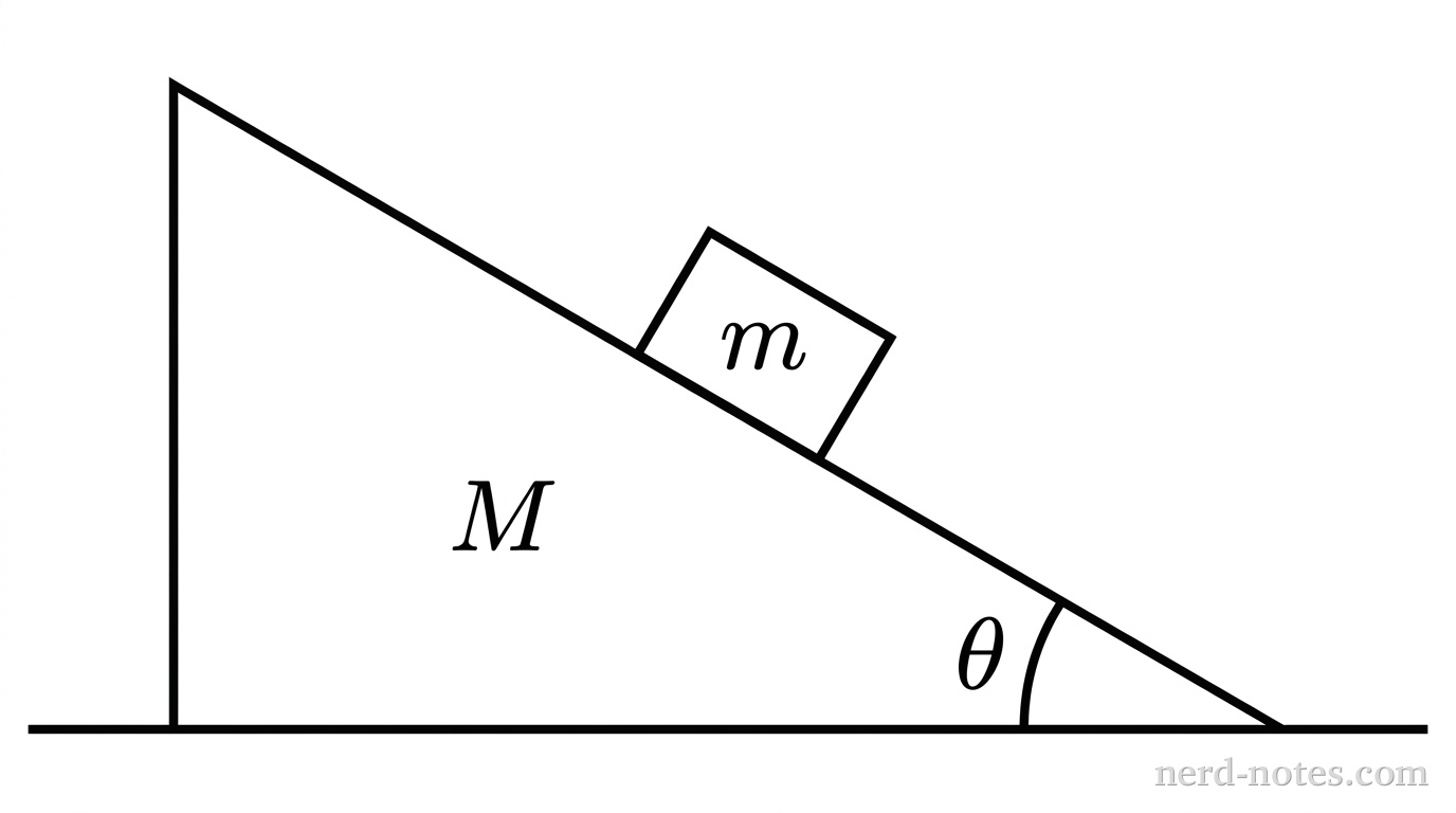 A schematic side-view diagram showing a right-triangular wedge resting on a horizontal floor. The floor is represented by a single straight horizontal baseline. The wedge has mass label \(M\) positioned within its triangular boundary, a horizontal bottom edge flush against the floor, a vertical edge on the left, and an inclined face that slopes downward to the right. An arc at the lower-right corner between the inclined face and the horizontal floor is labeled \(\theta\). A small rectangular block with mass label \(m\) inside it sits on the inclined face midway along the slope. No arrows, components, motion indicators, coordinate axes, or additional labels appear.