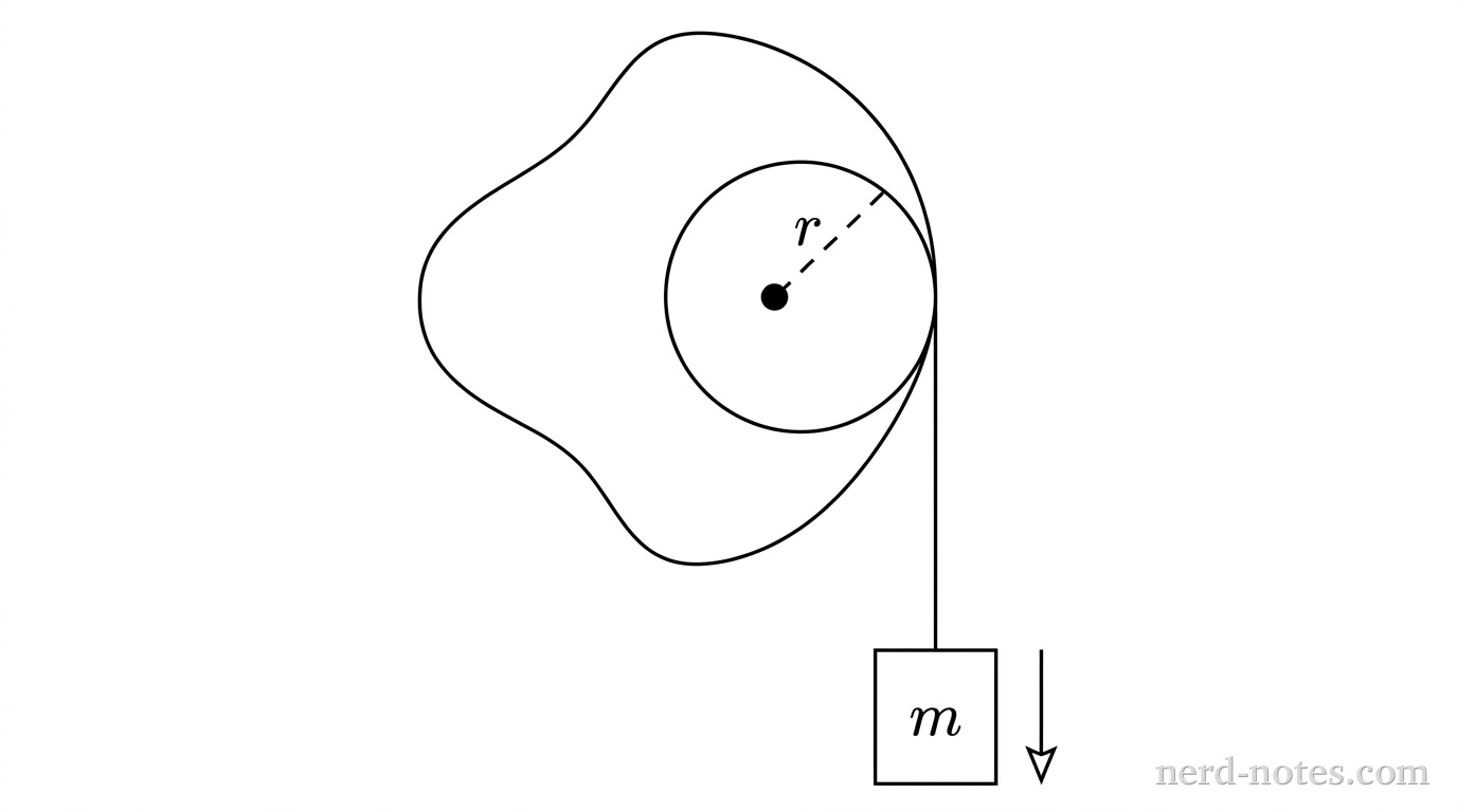 A front-view schematic of a rotational dynamics apparatus. At the center is a fixed horizontal axle represented by a small filled circle. Mounted on the axle is an irregularly shaped planar rotor with a smooth, closed, asymmetrical curved boundary. Concentric with the axle is a smaller circular hub of radius \(r\), shown with a dashed radial segment labeled \(r\). A vertical line representing a light string tangentially leaves the right edge of the circular hub and extends straight downward. Suspended from the bottom end of the string is a rectangular block labeled \(m\). A straight downward arrow next to the block indicates the direction of motion. No other labels, lines, text, or axes appear.