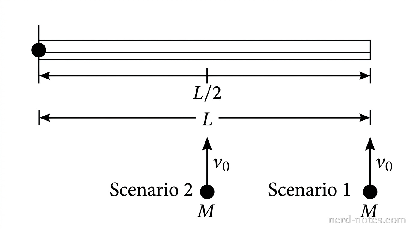 A top-down view shows a thin horizontal rectangular bar representing a rod of length \(L\) and mass \(M\). The left end of the rod is attached to a small solid circle representing a fixed vertical pivot. Two incoming identical small solid circles, each representing clay of mass \(M\), are shown below the rod with upward vertical arrows labeled \(v_0\). The first mass is aligned with the right end of the rod at distance \(L\) from the pivot, labeled Scenario 1. The second mass is aligned with the center of the rod at distance \(L/2\) from the pivot, labeled Scenario 2. A dimension line beneath the rod indicates the full length \(L\) and marks the midpoint \(L/2\). No other labels, lines, text, or axes appear.