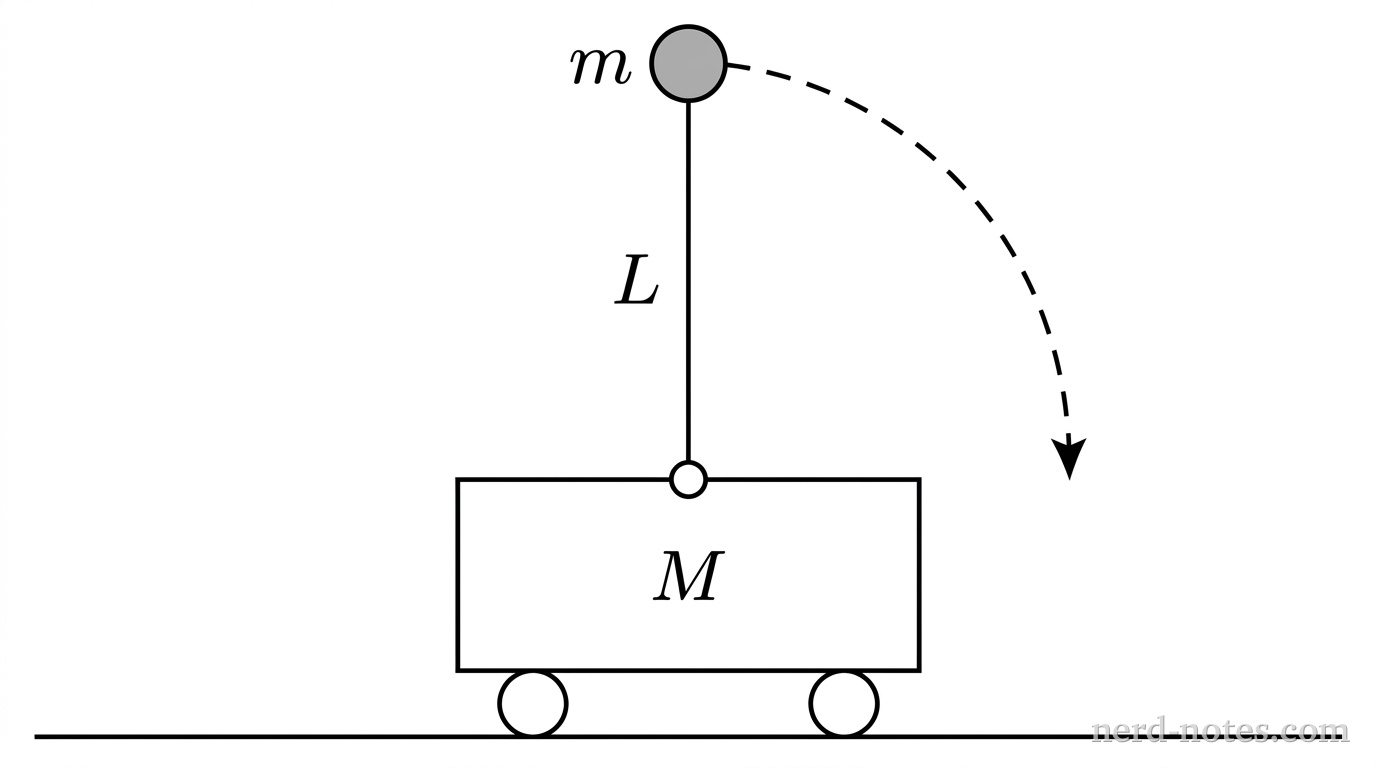 A horizontal line represents a flat track. Resting on the track is a rectangular box representing a cart labeled M, supported by two small circular wheels touching the track. A small circular pivot is located at the center of the top surface of the cart. Attached to this pivot is a straight vertical line segment of length L, labeled L. At the upper tip of the vertical segment is a solid shaded circle representing a bob, labeled m. A curved dashed arrow curves downward and to the right from the bob toward the horizontal level of the cart's top surface. No other labels, lines, text, or axes appear.