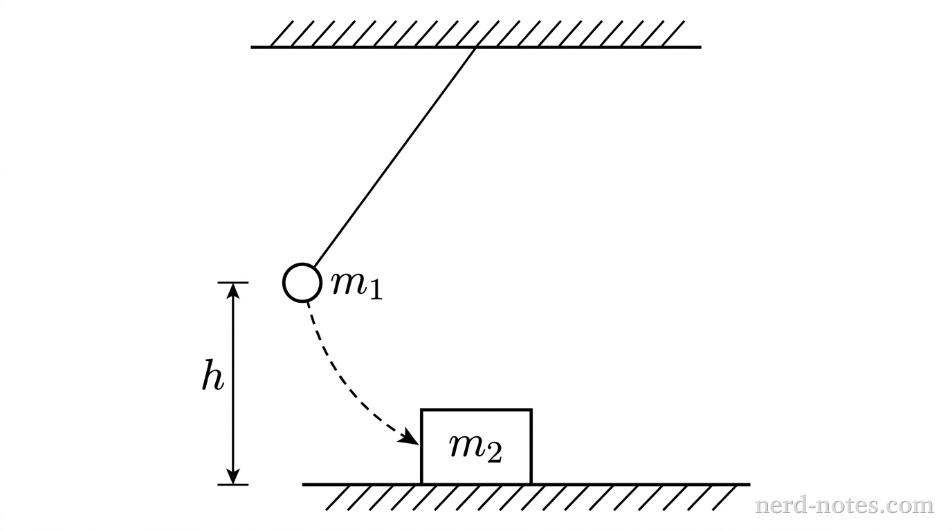 A side-view schematic showing a pendulum and a block on a horizontal surface. A small circular bob of mass \(m_1\) is suspended by a thin line from a fixed horizontal ceiling support. The bob is shown at an elevated position, with a vertical dimension line labeled \(h\) indicating its height above the lowest point of its swing. A dashed curved arrow shows the downward trajectory of the bob toward the horizontal surface. At the bottom of the swing, a rectangular block of mass \(m_2\) rests on the horizontal surface directly in the path of the bob. The horizontal surface under the block has short diagonal hatch marks beneath it. No other labels, lines, arrows, or text appear.