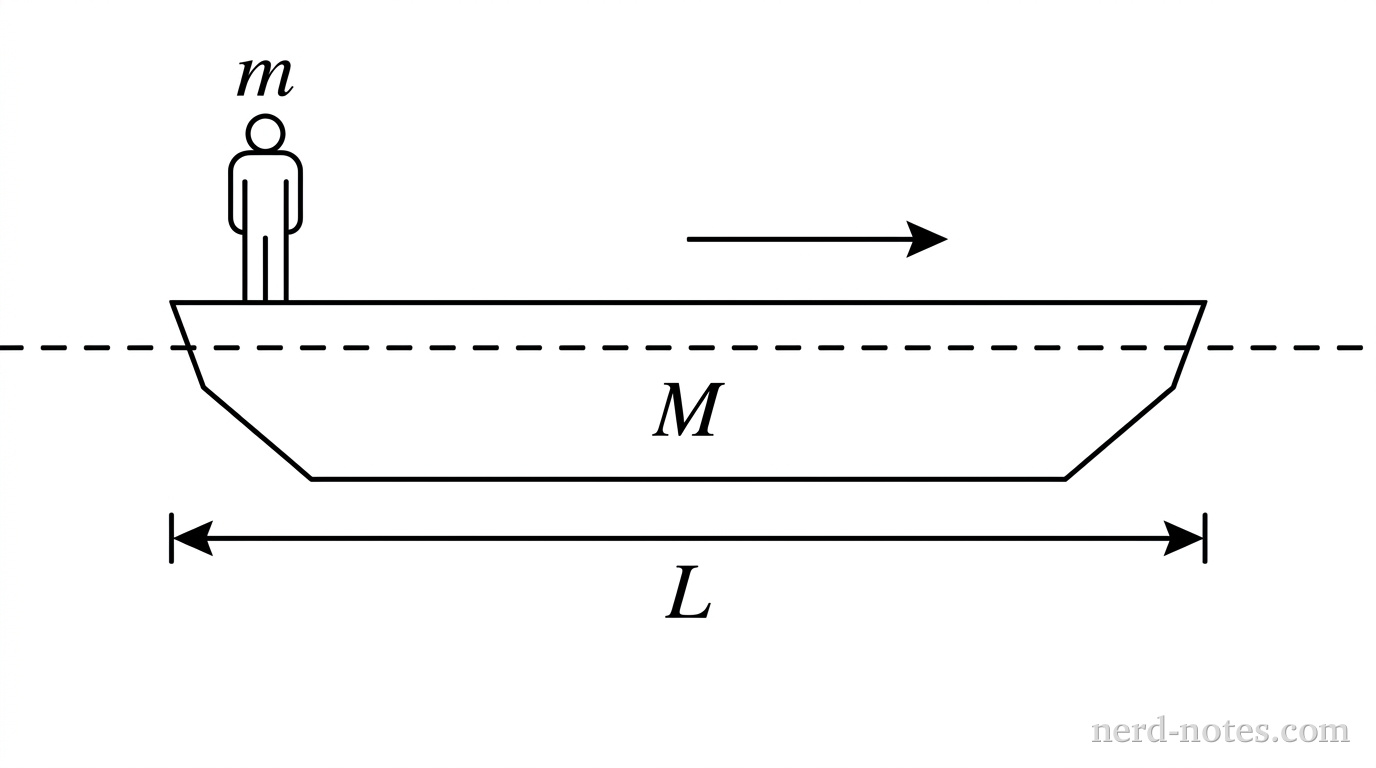 A horizontal dashed line represents the water surface. Floating at the surface is a symmetric boat hull drawn as a wide flat-bottomed polygon with slightly angled ends, labeled with mass \(M\) in its center. The total horizontal length between the left and right ends of the boat is indicated by a horizontal double-headed dimension arrow below the hull labeled \(L\). At the far left flat deck of the boat stands a vertical simplified figure representing a person, labeled with mass \(m\) directly above its head. A single horizontal arrow above the person points to the right toward the opposite end of the boat. No other labels, lines, text, or axes appear.