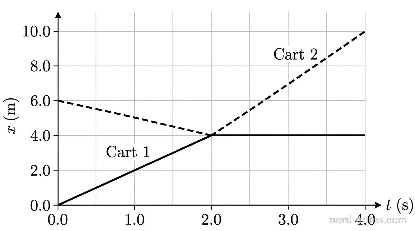 A Cartesian graph with time t in seconds on the horizontal axis and position x in meters on the vertical axis. The horizontal axis is labeled 't (s)' with tick marks at intervals of 1.0 from 0 to 4.0. The vertical axis is labeled 'x (m)' with tick marks at intervals of 2.0 from 0 to 10.0. Light gray gridlines align with all axis ticks. A solid line labeled 'Cart 1' begins at (0, 0), extends linearly with a positive slope to (2.0, 4.0), and continues as a horizontal line from (2.0, 4.0) to (4.0, 4.0). A dashed line labeled 'Cart 2' begins at (0, 6.0), extends linearly with a negative slope to (2.0, 4.0), and then extends linearly with a steep positive slope from (2.0, 4.0) to (4.0, 10.0). No other curves, labels, or shaded regions appear.