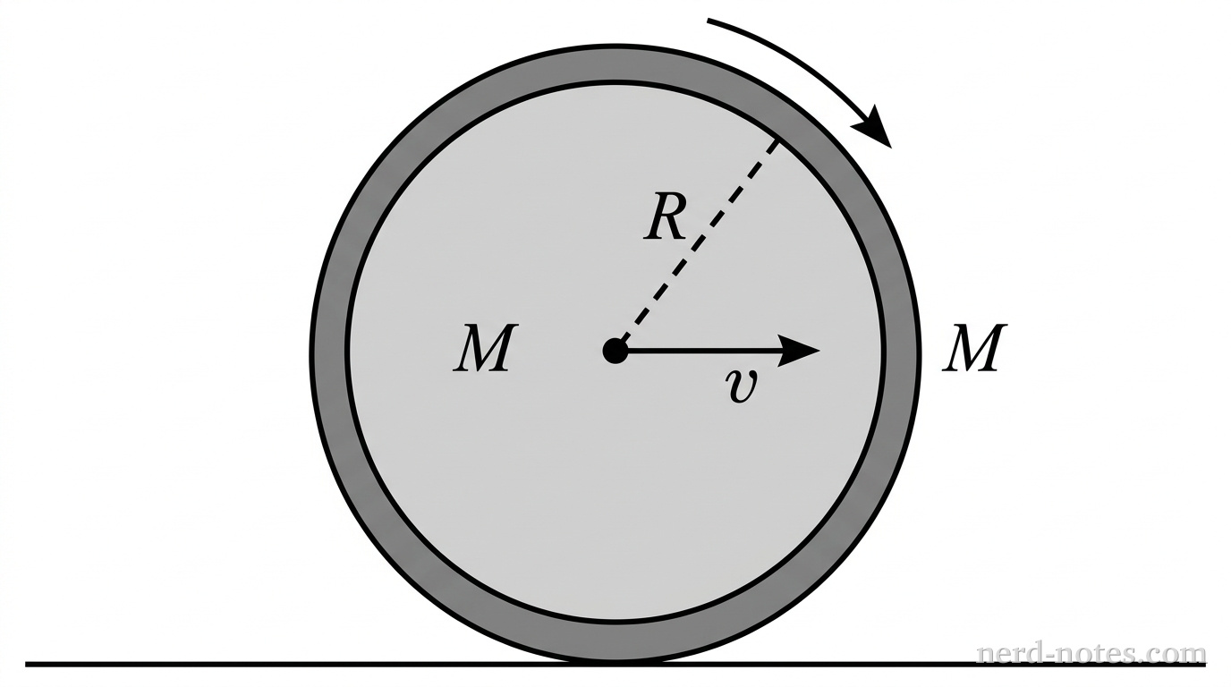 A schematic shows a composite circular wheel resting on a flat horizontal line representing a surface. The wheel comprises a central solid disk shaded light gray and an outer concentric circular boundary shaded dark gray representing a thin rim. A solid dot marks the wheel's center of mass. A single dashed line segment extends radially from the center dot to the outer edge of the wheel, labeled \(R\). A single horizontal arrow originates at the center dot and points to the right, labeled \(v\). The inner light-gray region is labeled with text \(M\), and the outer dark-gray boundary is labeled with text \(M\). A curved arrow indicates clockwise rotation above the wheel. No other labels, lines, text, or axes appear.