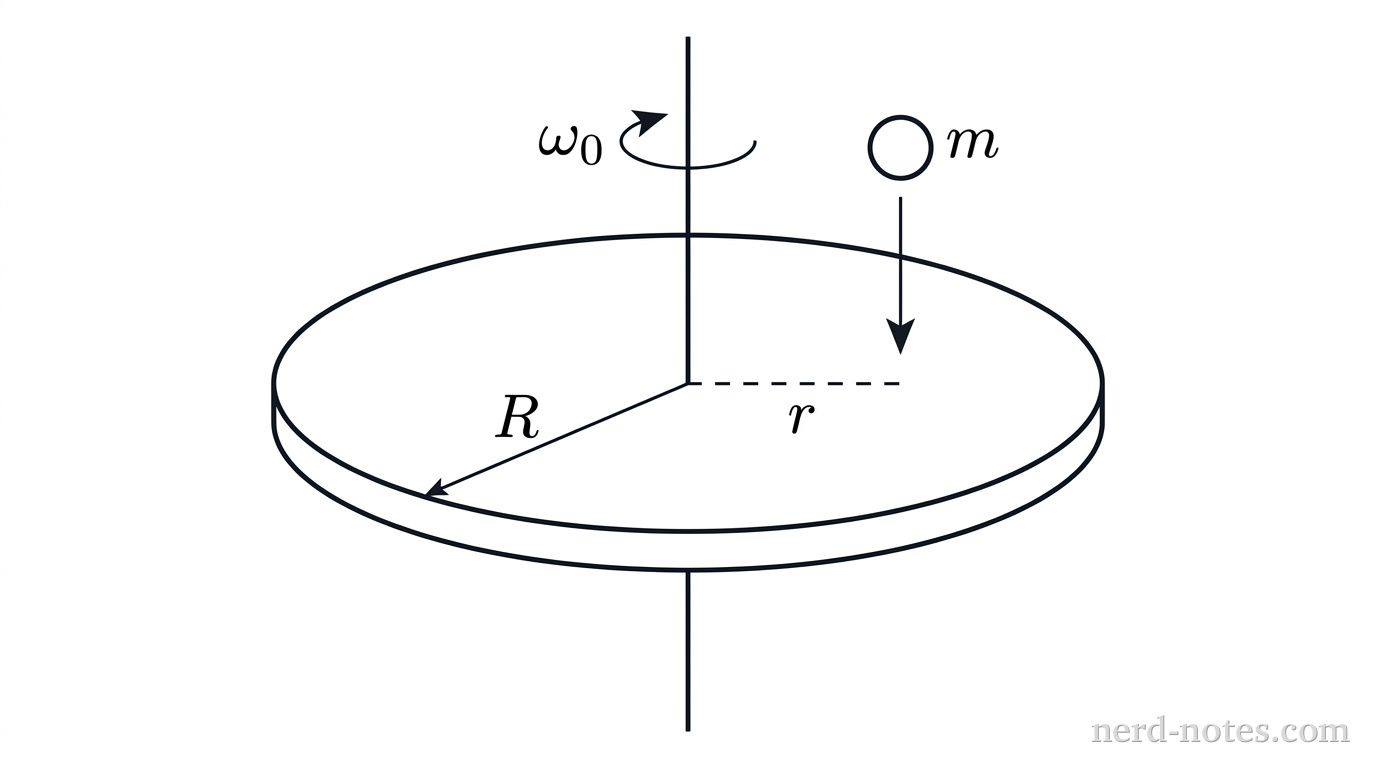 A physical setup diagram shown in perspective view. A horizontal circular disk of radius \(R\) is mounted on a vertical axle passing perpendicularly through its center. The axle is represented by a vertical line extending both above and below the center of the disk. A curved counterclockwise arrow near the axle indicates rotation with angular speed \(\omega_0\). A dashed radial horizontal line segment extends from the center of the disk's top face to a point at distance \(r\) from the axle, labeled \(r\). Directly above this point at distance \(r\), a small spherical lump of clay of mass \(m\) is shown with a downward straight arrow indicating it is falling vertically toward the disk. The radius of the disk is indicated by a dimension line along the top surface from the center to the outer rim labeled \(R\). No other labels, lines, text, or axes appear.
