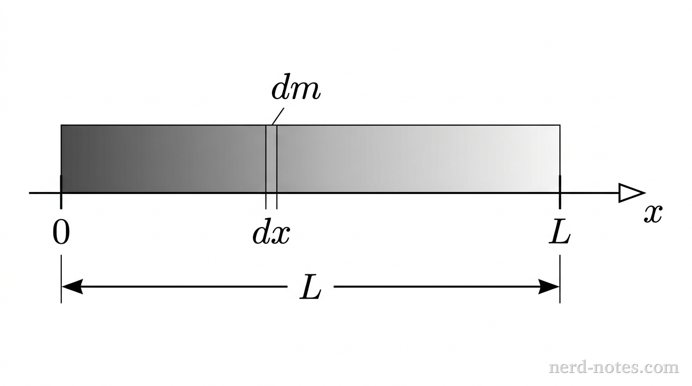 A horizontal coordinate axis labeled x extends to the right with an arrow. A vertical tick mark at the origin is labeled 0, and a second vertical tick mark to the right is labeled L. A horizontal rectangular bar representing a rod lies along the x-axis, spanning from x = 0 to x = L. The bar has a gradient shading that is darkest gray at the left end at x = 0 and smoothly transitions to very light gray at the right end at x = L. A thin vertical slice of width dx is marked within the rod at a horizontal distance x from the origin, labeled dm. A horizontal double-headed dimension arrow spans below the rod from 0 to L and is labeled L. No other labels, lines, text, or axes appear.