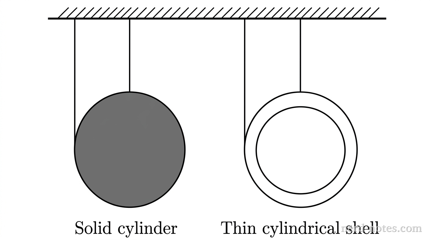 A schematic showing two side-by-side vertical unwinding setups suspended from a single horizontal ceiling line. The ceiling is represented by a horizontal line with short hatching lines above it. On the left, a vertical line representing a string descends from the ceiling and connects tangent to the left outer edge of a shaded circular disk representing the solid cylinder. On the right, a second vertical line descends from the ceiling and connects tangent to the left outer edge of an unshaded ring with an inner and outer circular boundary representing the thin cylindrical shell. Both cylinders have the same diameter. Beneath the left disk is the label 'Solid cylinder'. Beneath the right ring is the label 'Thin cylindrical shell'. No other labels, lines, text, or axes appear.