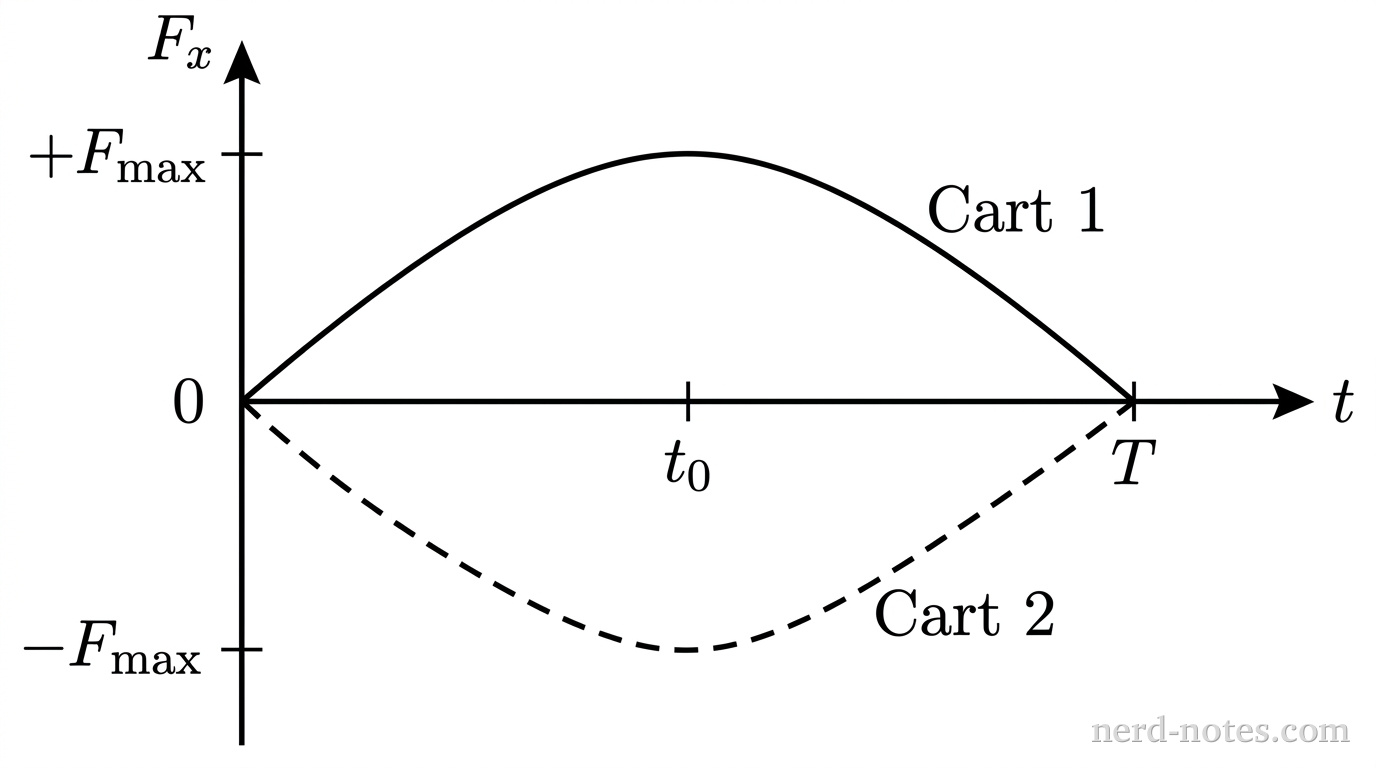 A graph of horizontal contact force \(F_x\) on the vertical axis versus time \(t\) on the horizontal axis on bare axes with no gridlines. The horizontal axis has tick marks at \(0\), \(t_0\), and \(T\). The vertical axis has a central origin at \(0\), a positive tick mark labeled \(+F_{\max}\), and a negative tick mark labeled \(-F_{\max}\). A horizontal axis line runs at \(F_x = 0\). From \(t = 0\) to \(t = T\), a solid curve starts at \((0, 0)\), curves upward to a smooth peak at \((t_0, +F_{\max})\), and returns to \((T, 0)\), labeled Cart 1. A dashed curve starts at \((0, 0)\), curves downward to a smooth trough at \((t_0, -F_{\max})\), and returns to \((T, 0)\), labeled Cart 2. The two curves are symmetric reflections of each other across the horizontal axis. No other labels, lines, text, or axes appear.