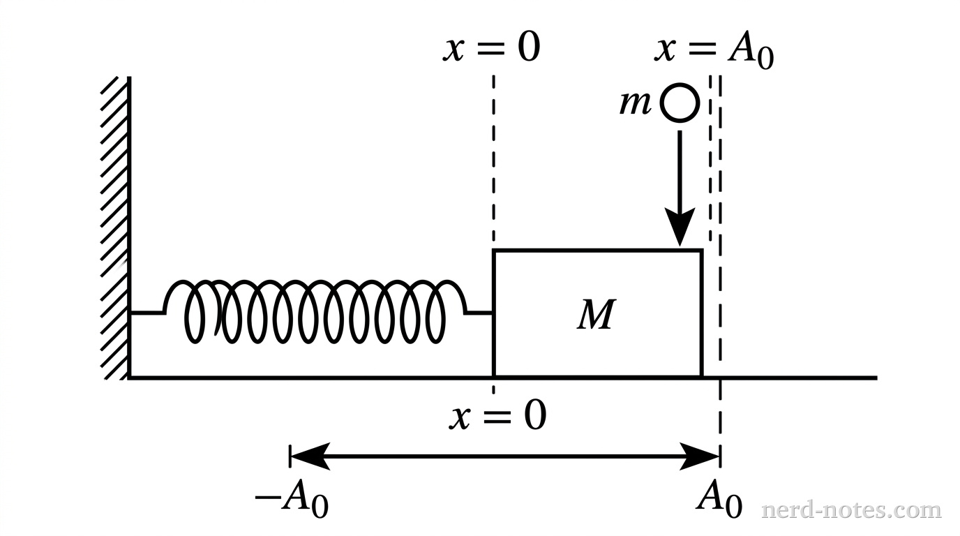 A horizontal surface with a vertical wall on the far left. An ideal horizontal coiled spring extends horizontally to the right from the wall to a rectangular block of mass \(M\). The block rests on the horizontal surface. A vertical dashed line passes through the center of the block's neutral position and is labeled \(x = 0\). A second vertical dashed line to the right is labeled \(x = A_0\). Directly above the position \(x = A_0\), a small circular lump of clay of mass \(m\) is shown with a single downward straight arrow pointing toward the surface of the block. A double-headed horizontal arrow below the surface spans from \(-A_0\) to \(A_0\). No other labels, lines, text, or axes appear.
